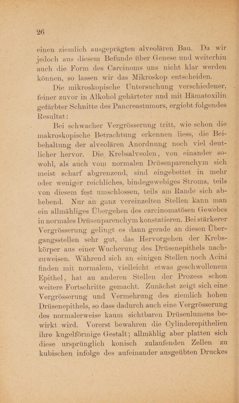 einen ziemlich ausgeprägten alveolären Bau. Da wir jedoch aus diesem Befunde über Genese und weiterhin auch die Form des Carcinoms uns nicht klar werden können, so lassen wir das Mikroskop entscheiden. Die mikroskopische Untersuchung verschiedener, feiner zuvor in Alkohol gehärteter und mit Hämatoxilin gefärbter Schnitte des Pancreastumors, ergiebt folgendes Resultat: Bei schwacher Vergrösserung tritt, wie schon die makroskopische Betrachtung erkennen liess, die Bei¬ behaltung der alveolären Anordnung noch viel deut¬ licher hervor. Die Krebsalveolen, von einander so¬ wohl, als auch vom normalen Drüsenparenchym sich meist scharf abgrenzend, sind eingebettet in mehr oder weniger reichliches, bindegewebiges Stroma, teils von diesem fest umschlossen, teils am Rande sich ab¬ hebend. Nur an ganz vereinzelten Stellen kann man ein allmähliges Übergehen des carcinomatösen Gewebes in normales Drüsenparenchym konstatieren. Bei stärkerer Vergrösserung gelingt es dann gerade an diesen Über¬ gangsstellen sehr gut, das Hervorgehen der Krebs¬ körper aus einer Wucherung des Drüsenepithels nach¬ zuweisen. Während sich an einigen Stellen noch Acini finden mit normalem, vielleicht etwas geschwollenem Epithel, hat an anderen Stellen der Prozess schon weitere Fortschritte gemacht. Zunächst zeigt sich eine Vergrösserung und Vermehrung des ziemlich hohen Drüsenepithels, so dass dadurch auch eine V ergrösserung des normalerweise kaum sichtbaren Drüsenlumens be¬ wirkt wird. Vorerst bewahren die Cylinderepithelien ihre kugelförmige Gestalt; allmählig aber platten sich diese ursprünglich konisch zulautenden Zellen zu kubischen infolge des aufeinander ausgeübten Druckes