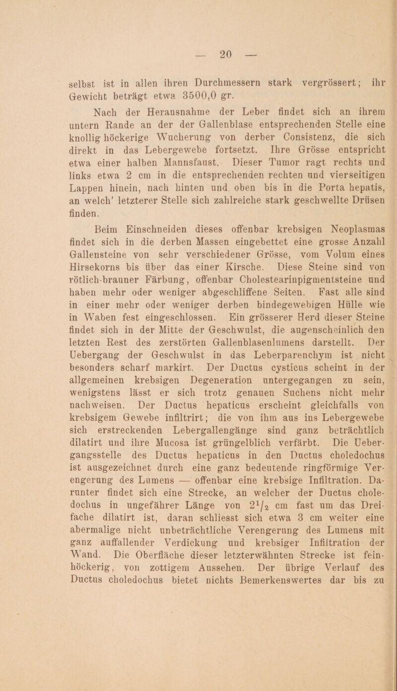 selbst ist in allen ihren Durchmessern stark vergrössert; ihr Gewicht beträgt etwa 8500,0 gr. Nach der Herausnahme der Leber findet sich an ihrem untern Rande an der der Gallenblase entsprechenden Stelle eine knollig höckerige Wucherung von derber Consistenz, die sich direkt in das Lebergewebe fortsetzt. Ihre Grösse entspricht etwa einer halben Mannsfaust. Dieser Tumor ragt rechts und links etwa 2 cm in die entsprechenden rechten und vierseitigen Lappen hinein, nach hinten und oben bis in die Porta hepatis, an welch’ letzterer Stelle sich zahlreiche stark geschwellte Drüsen finden. Beim Einschneiden dieses offenbar krebsigen Neoplasmas findet sich in die derben Massen eingebettet eine grosse Anzahl Gallensteine von sehr verschiedener Grösse, vom Volum eines Hirsekorns bis über das einer Kirsche. Diese Steine sind von rötlich-brauner Färbung, offenbar Cholestearinpigmentsteine und haben mehr oder weniger abgeschliflfene Seiten. Fast alle sind in einer mehr oder weniger derben bindegewebigen Hülle wie in Waben fest eingeschlossen. Ein grösserer Herd dieser Steine findet sich in der Mitte der Geschwulst, die augenscheinlich den letzten Rest des zerstörten Gallenblasenlumens darstellt. Der Uebergang der Geschwulst in das Leberparenchym ist nicht besonders scharf markirt. Der Ductus cysticus scheint in der allgemeinen krebsigen Degeneration untergegangen zu sein, wenigstens lässt er sich trotz genauen Suchens nicht mehr nach weisen. Der Ductus hepaticus erscheint gleichfalls von krebsigem Gewebe infiltrirt; die von ihm aus ins Lebergewebe sich erstreckenden Lebergallengänge sind ganz beträchtlich dilatirt und ihre Mucosa ist grüngelblich verfärbt. Die Ueber- gangsstelle des Ductus hepaticus in den Ductus choledochus ist ausgezeichnet durch eine ganz bedeutende ringförmige Ver¬ engerung des Lumens — offenbar eine krebsige Infiltration. Da¬ runter findet sich eine Strecke, an welcher der Ductus chole¬ dochus in ungefährer Länge von 21/a cm fast um das Drei¬ fache dilatirt ist, daran schliesst sich etwa 3 cm wTeiter eine abermalige nicht unbeträchtliche Verengerung des Lumens mit ganz auffallender Verdickung und krebsiger Infiltration der Wand. Die Oberfläche dieser letzterwähnten Strecke ist fein¬ höckerig, von zottigem Aussehen. Der übrige Verlauf des Ductus choledochus bietet nichts Bemerkenswertes dar bis zu