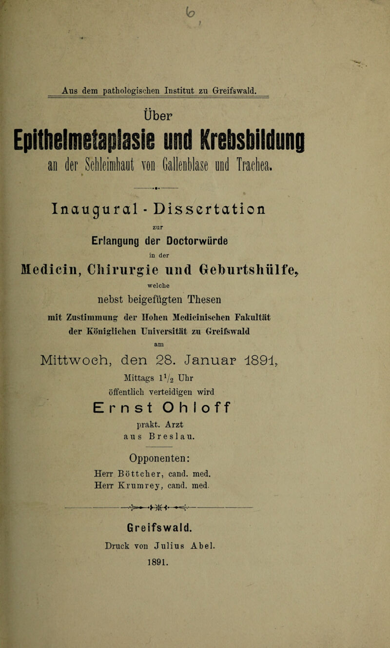 Ans dem pathologischen Institut zu Greifswald. • • Uber EpitbelmetapSesie und Krebsbildung an der Schleimhaut von Gallenblase und Trachea. ► -- Inaugural - Dissertation zur Erlangung der Doctorwürde in der Medicin, Chirurgie und Geburtshülfe, welche nebst beigefügten Thesen mit Zustimmung1 der Hohen Medicinischen Fakultät der Königlichen Universität zu Greifswald am Mittwoch, den 28. Januar 1891, Mittags IV2 Uhr öffentlich verteidigen wird Ernst Ohloff prakt. Arzt aus Breslau. Opponenten: Herr Böttcher, cand. med. Herr Krumrey, cand. med. --— —HtH—♦*=4'- Greifswald. Druck von Julius Abel.