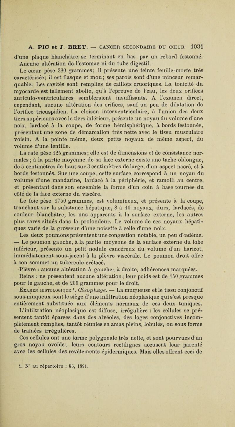 d’une plaque blanchâtre se terminant en bas par un rebord festonné. Aucune altération de l’estomac ni du tube digestif. Le cœur pèse 280 grammes; il présente une teinte feuille-morte très caractérisée; il est flasque et mou; ses parois sont d’une minceur remar¬ quable. Les cavités sont remplies de caillots cruoriques. La tonicité du myocarde est tellement abolie, qu’à l’épreuve de l’eau, les deux orifices auriculo-ventriculaires sembleraient insuffisants. A l’examen direct, cependant, aucune altération des orifices, sauf un peu de dilatation de l’orifice tricuspidien. La cloison interventriculaire, à l’union des deux tiers supérieurs avec le tiers inférieur, présente un noyau du volume d’une noix, lardacé à la coupe, de forme hémisphérique, à bords festonnés, présentant une zone de démarcation très nette avec le tissu musculaire voisin. A la pointe même, deux petits noyaux de même aspect, du volume d’une lentille. La rate pèse 125 grammes; elle est de dimensions et de consistance nor¬ males; à la partie moyenne de sa face externe existe une tache oblongue, de 5 centimètres de haut sur 3 centimètres de large, d’un aspect nacré, et à bords festonnés. Sur une coupe, cette surface correspond à un noyau du volume d’une mandarine, lardacé à la périphérie, et ramolli au centre, et présentant dans son ensemble la forme d’un coin à base tournée du côté de la face externe du viscère. Le foie pèse 1750 grammes, est volumineux, et présente à la coupe, tranchant sur la substance hépatique, 8 à 10 noyaux, durs, lardacés, de couleur blanchâtre, les uns apparents à la surface externe, les autres plus rares situés dans la profondeur. Le volume de ces noyaux hépati¬ ques varie de la grosseur d’une noisette à celle d’une noix. Les deux poumons présentent une congestion notable, un peu d’œdème. — Le poumon gauche, à la partie moyenne de la surface externe du lobe inférieur, présente un petit nodule cancéreux du volume d’un haricot, immédiatement sous-jacent à la plèvre viscérale. Le poumon droit offre à son sommet un tubercule crétacé. Plèvre : aucune altération à gauche; à droite, adhérences marquées. Reins : ne présentent aucune altération; leur poids est de 150 grammes pour le gauche, et de 200 grammes pour le droit. Examen histologique l. Œsophage. — La muqueuse et le tissu conjonctif sous-muqueux sont le siège d’une infiltration néoplasique qui s’est presque entièrement substituée aux éléments normaux de ces deux tuniques. L’infiltration néoplasique est diffuse, irrégulière : les cellules se pré¬ sentent tantôt éparses dans des alvéoles, des loges conjonctives incom¬ plètement remplies, tantôt réunies en amas pleins, lobulés, ou sous forme de traînées irrégulières. Ces cellules ont une forme polygonale très nette, et sont pourvues d’un gros noyau ovoïde; leurs contours rectilignes accusent leur parenté avec les cellules des revêtements épidermiques. Mais elles offrent ceci de 1. N° au répertoire : 86, 189J.