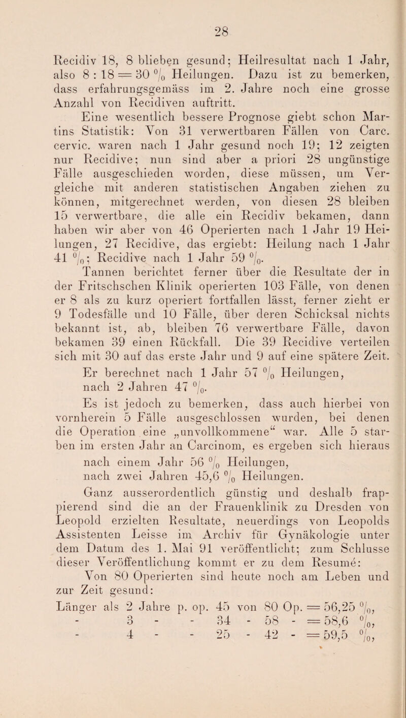 Recidiv 18, 8 blieben gesund; Heilresultat nach 1 Jahr, also 8:18== 30 °/0 Heilungen. Dazu ist zu bemerken, dass erfahrungsgemäss im 2. Jahre noch eine grosse Anzahl von Iiecidiven auftritt. Eine wesentlich bessere Prognose giebt schon Mar¬ tins Statistik: Yon 31 verwertbaren Fällen von Care, cervic. waren nach 1 Jahr gesund noch 19; 12 zeigten nur Recidive; nun sind aber a priori 28 ungünstige Fälle ausgeschieden worden, diese müssen, um Ver¬ gleiche mit anderen statistischen Angaben ziehen zu können, mitgerechnet werden, von diesen 28 bleiben 15 verwertbare, die alle ein Recidiv bekamen, dann haben wir aber von 46 Operierten nach 1 Jahr 19 Hei¬ lungen, 27 Recidive, das ergiebt: Heilung nach 1 Jahr 41 °/0; Recidive nach 1 Jahr 59 °/0. Tannen berichtet ferner über die Resultate der in der Fritschschen Klinik operierten 103 Fälle, von denen er 8 als zu kurz operiert fortfallen lässt, ferner zieht er 9 Todesfälle und 10 Fälle, über deren Schicksal nichts bekannt ist, ab, bleiben 76 verwertbare Fälle, davon bekamen 39 einen Rückfall. Die 39 Recidive verteilen sich mit 30 auf das erste Jahr und 9 auf eine spätere Zeit. Er berechnet nach 1 Jahr 57 °/0 Heilungen, nach 2 Jahren 47 °/0. Es ist jedoch zu bemerken, dass auch hierbei von vornherein 5 Fälle ausgeschlossen wurden, bei denen die Operation eine „unvollkommene“ war. Alle 5 star¬ ben im ersten Jahr an Carcinom, es ergeben sich hieraus nach einem Jahr 56 °/0 Heilungen, nach zwei Jahren 45,6 °/0 Heilungen. Ganz ausserordentlich günstig und deshalb frap¬ pierend sind die an der Frauenklinik zu Dresden von Leopold erzielten Resultate, neuerdings von Leopolds Assistenten Leisse im Archiv für Gynäkologie unter dem Datum des 1. Mai 91 veröffentlicht; zum Schlüsse dieser Veröffentlichung kommt er zu dem Resume: Von 80 Operierten sind heute noch am Leben und zur Zeit gesund: Länger als 2 Jahre p. op. 45 von 80 Op. = 56,25 °/0, 3 - - 34 - 58 - = 58,6 °/0, 4 - - 25 - 42 - =59,5 °/0,