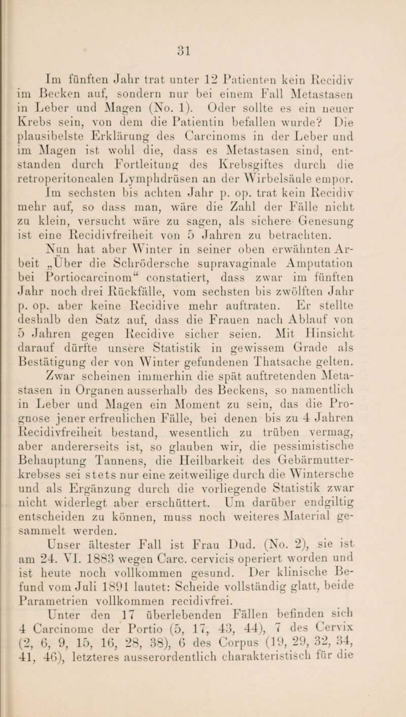 o O l Im fünften Jahr trat unter 12 Patienten kein Recidiv im Becken auf, sondern nur bei einem Fall Metastasen in Leber und Magen (No. 1). Oder sollte es ein neuer Krebs sein, von dem die Patientin befallen wurde? Die plausibelste Erklärung des Carcinoms in der Leber und im Magen ist wohl die, dass es Metastasen sind, ent¬ standen durch Fortleitung des Krebsgiftes durch die retroperitonealen Lymphdrüsen an der Wirbelsäule empor. Im sechsten bis achten Jahr p. op. trat kein Recidiv mehr auf, so dass man, wäre die Zahl der Fälle nicht zu klein, versucht wäre zu sagen, als sichere Genesung ist eine Recidivfreiheit von 5 Jahren zu betrachten. Nun hat aber \\ inter in seiner oben erwähnten Ar¬ beit „Uber die Schrödersehe supravaginale Amputation bei PortiocarcinonD constatiert, dass zwar im fünften Jahr noch drei Rückfälle, vom sechsten bis zwölften Jahr p. op. aber keine Recidive mehr auftraten. Er stellte deshalb den Satz auf, dass die Frauen nach Ablauf von 5 Jahren gegen Recidive sicher seien. Mit Hinsicht darauf dürfte unsere Statistik in gewissem Grade als Bestätigung der von Winter gefundenen Thatsache gelten. Zwar scheinen immerhin die spät auftretenden Meta¬ stasen in Organen ausserhalb des Beckens, so namentlich in Leber und Magen ein Moment zu sein, das die Pro¬ gnose jener erfreulichen Fälle, bei denen bis zu 4 Jahren Recidivfreiheit bestand, wesentlich zu trüben vermag, aber andererseits ist, so glauben wir, die pessimistische Behauptung Tannens, die Heilbarkeit des Gebärmutter¬ krebses sei stets nur eine zeitweilige durch die Wintersche und als Ergänzung durch die vorliegende Statistik zwar nicht widerlegt aber erschüttert. Um darüber endgiltig entscheiden zu können, muss noch weiteres Material ge¬ sammelt werden. Unser ältester Fall ist Frau Dud. (No. 2), sie ist am 24. VI. 1883 wegen Care, cervicis operiert worden und ist heute noch vollkommen gesund. Der klinische Be¬ fund vom Juli 1891 lautet: Scheide vollständig glatt, beide Parametrien vollkommen recidivfrei. Lnter den 17 überlebenden Fällen befinden sich 4 Carcinome der Portio (5, 17, 43, 44), 7 des Cervix (2, 6, 9, 15, 16, 28, 38), 6 des Corpus (19, 29, 32, 34, 41, 46), letzteres ausserordentlich charakteristisch für die