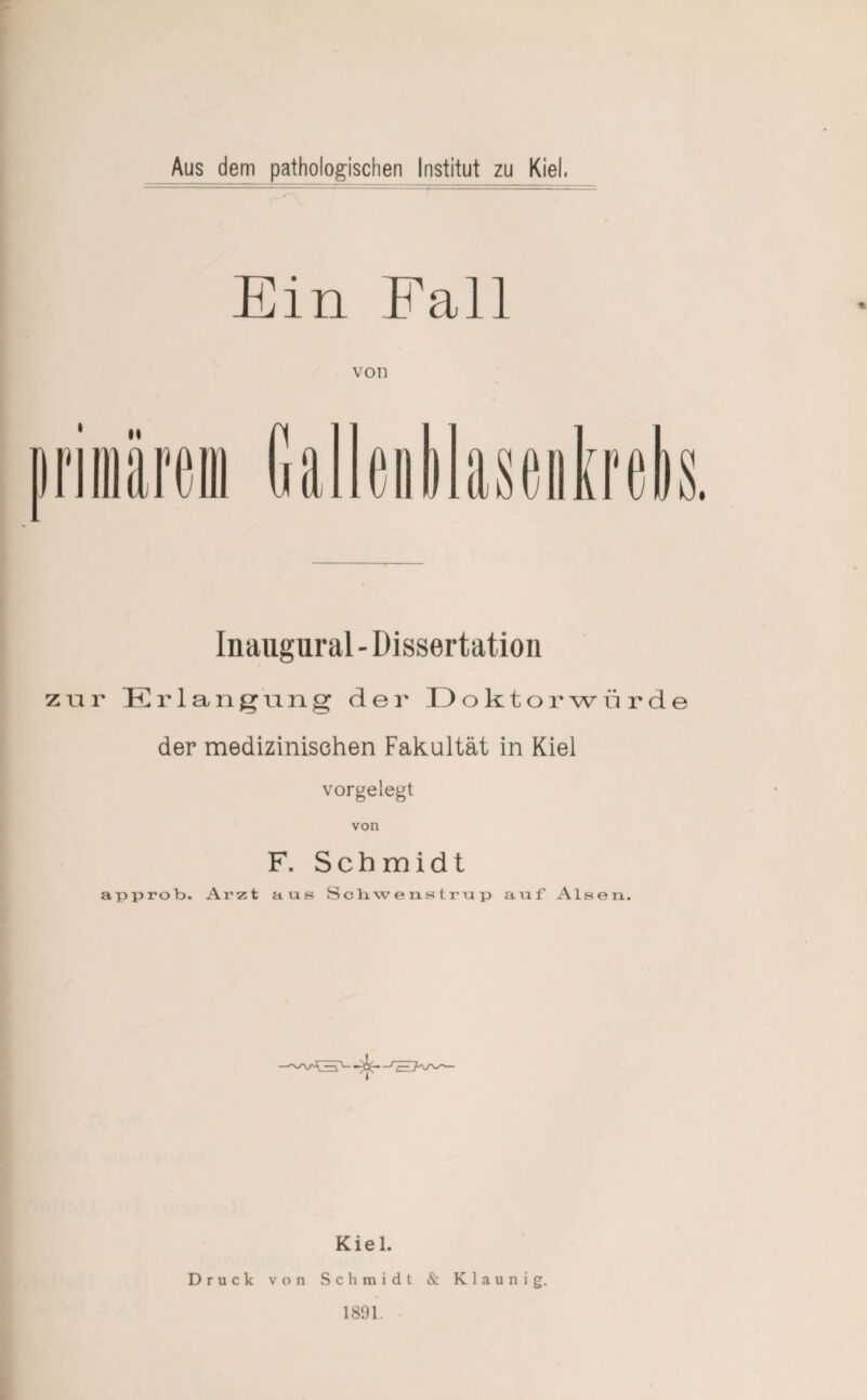 Aus dem pathologischen Institut zu Kiel. Ein Fall von oiDlasaiKrelis. Inaugural - Dissertation zur Erlangung d e i' Doktorwürde der medizinischen Fakultät in Kiel vorgelegt von F. Schmidt approb. Arzt aus Scbwenstrup auf Alsen.. Kiel. Druck von Schmidt & Klaunig, 1891.