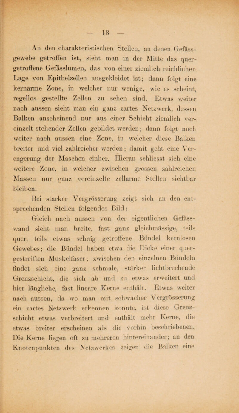 An den charakteristischen Stellen, an denen Gefass- gewebe getroffen ist, sieht man in der Mitte das quer- getroffene Gefasslumen, das von einer ziemlich reichlichen Lage von Epithelzellen ausgekleidet ist; dann folgt eine kernarme Zone, in welcher nur wenige, wie es scheint, regellos gestellte Zellen zu sehen sind. Etwas weiter nach aussen sieht man ein ganz zartes Netzwerk, dessen Balken anscheinend nur aus einer Schicht ziemlich ver- ✓ einzelt stehender Zellen gebildet werden; dann folgt noch weiter nach aussen eine Zone, in welcher diese Balken breiter und viel zahlreicher werden; damit geht eine Ver¬ engerung der Maschen einher. Hieran schliesst sich eine weitere Zone, in welcher zwischen grossen zahlreichen Massen nur ganz vereinzelte zellarme Stellen sichtbar bleiben. Bei starker Vergrösserung zeigt sich an den ent¬ sprechenden Stellen folgendes Bild: Gleich nach aussen von der eigentlichen Gefass- wand sieht man breite, fast ganz gleichmässige, teils quer, teils etwas schräg getroffene Bündel kernlosen Gewebes; die Bündel haben etwa die Dicke einer (pier- gestreiften Muskelfaser; zwischen den einzelnen Bündeln findet sich eine ganz schmale, stärker lichtbrechende Grenzschicht, die sich ab und zu etwas erweitert und hier längliche, fast lineare Kerne enthält. Etwas weiter nach aussen, da wo man mit schwacher Vergrösserung ein zartes Netzwerk erkennen konnte, ist diese Grenz¬ schicht etwas verbreitert und enthält mehr Kerne, die etwas breiter erscheinen als die vorhin beschriebenen. Die Kerne liegen oft zu mehreren hintereinander; an den Knotenpunkten des Netzwerkes zeigen die Balken eine