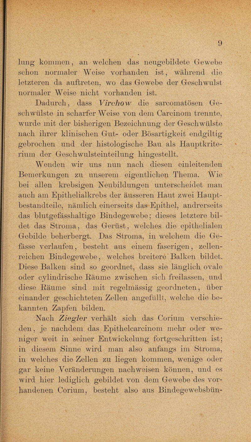 lung kommen, an welchen das neugebildete Gewebe schon normaler Weise vorhanden ist, während die letzteren da auftreten, wo das Gewebe der Geschwulst normaler Weise nicht vorhanden ist. Dadurch, dass Virchow die sarcomatösen Ge¬ schwülste in scharfer Weise von dem Carcinom trennte, wurde mit der bisherigen Bezeichnung der Geschwülste nach ihrer klinischen Gut- oder Bösartigkeit endgültig gebrochen und der histologische Bau als Ifäuptkrite- rium der Geschwulsteinteilung hingestellt. Wenden wir uns nun nach diesen einleitenden Bemerkungen zu unserem eigentlichen Thema. Wie bei allen krebsigen Neubildungen unterscheidet man auch am Epithelialkrebs der äusseren Haut zwei Haupt¬ bestandteile, nämlich einerseits das Epithel, andrerseits das blutgefässhaltige Bindegewebe; dieses letztere bil¬ det das Stroma, das Gerüst, welches die epithelialen Gebilde beherbergt. Das Stroma, in welchem die Ge- fässe verlaufen, besteht aus einem faserigen, zellen¬ reichen Bindegewebe, welches breitere Balken bildet. Diese Balken sind so geordnet, dass sie länglich ovale oder cylindrische Bäume zwischen sich freilassen, und diese Bäume sind mit regelmässig geordneten, über einander geschichteten Zellen angefüllt, welche die be¬ kannten Zapfen bilden. Nach Ziegler verhält sich das Corium verschie¬ den, je nachdem das Epithelcarcinoiii mehr oder we¬ niger weit in seiner Entwickelung fortgeschritten ist; in diesem Sinne wird man also anfangs im Stroma, in welches die Zellen zu liegen kommen, wenige oder gar keine Veränderungen nach weisen können, und es wird, hier lediglich gebildet von dem Gewebe des vor¬ handenen Corium, besteht also aus Bindegewebsbiin-