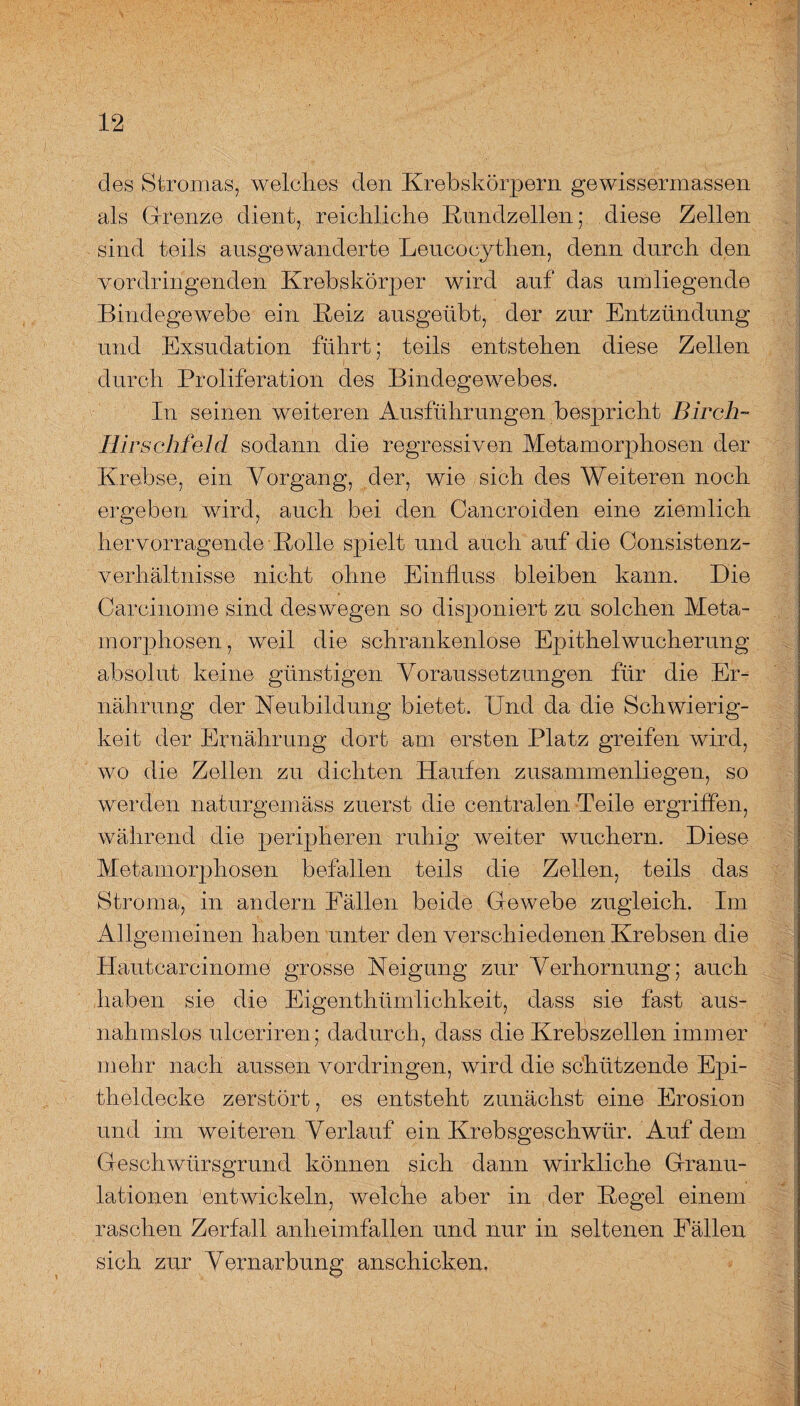 des Stromas, welches den Krebskörpern gewissermassen als Grenze dient, reichliche Rundzellen; diese Zellen sind teils ausgewanderte Lencocythen, denn durch den vordringenden Krebskörper wird auf das umliegende Bindegewebe ein Reiz ausgeübt, der zur Entzündung und Exsudation führt; teils entstehen diese Zellen durch Proliferation des Bindegewebes. In seinen weiteren Ausführungen bespricht Birch- HirSehfeld sodann die regressiven Metamorphosen der Krebse, ein Vorgang, der, wie sich des Weiteren noch ergeben wird, auch bei den Cancroiden eine ziemlich hervorragende Rolle spielt und auch auf die Consistenz- verhältnisse nicht ohne Einfluss bleiben kann. Die Carcinome sind deswegen so disponiert zu solchen Meta¬ morphosen, weil die schrankenlose Epithel Wucherung absolut keine günstigen Voraussetzungen für die Er¬ nährung der Neubildung bietet. Und da die Schwierig¬ keit der Ernährung dort am ersten Platz greifen wird, wo die Zellen zu dichten Haufen zusammenliegen, so werden naturgemäss zuerst die centralen Teile ergriffen, während die peripheren ruhig weiter wuchern. Diese Metamorphosen befallen teils die Zellen, teils das Stroma, in andern Fällen beide Gewebe zugleich. Im Allgemeinen haben unter den verschiedenen Krebsen die Ilautcar c i non io grosse Neigung zur Verhornung; auch haben sie die Eigenthümlichkeit, dass sie fast aus¬ nahmslos u leer Iren: dadurch, dass die Krebszellen immer mehr nach aussen Vordringen, wird die schützende Epi¬ theldecke zerstört, es entsteht zunächst eine Erosion und im weiteren Verlauf ein Krebsgeschwür. Auf dem Geschwürsgrund können sich dann wirkliche Granu¬ lationen entwickeln, welche aber in der Regel einem raschen Zerfall anheimfallen und nur in seltenen Fällen sich zur Vernarbung anschicken.