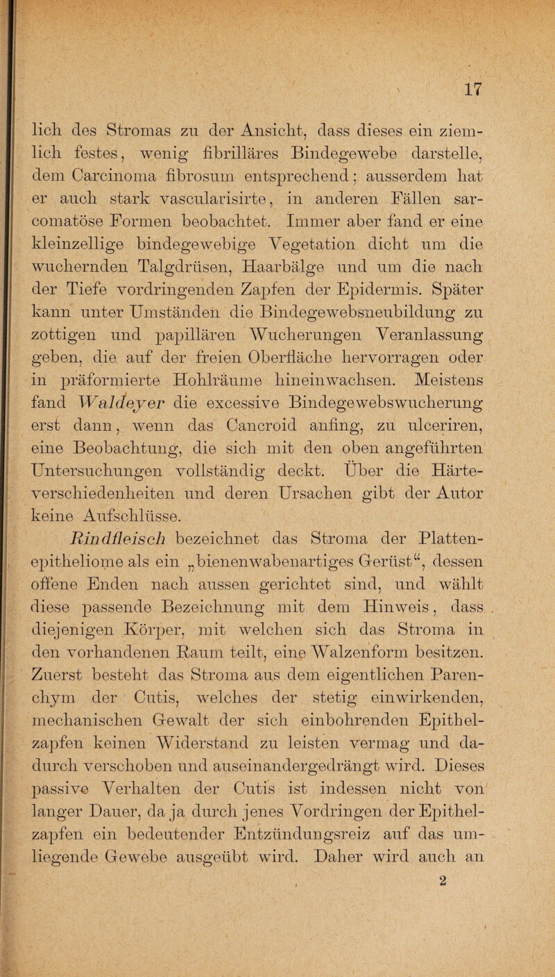 licli des Stromas zu der Ansicht, dass dieses ein ziem¬ lich festes, wenig fibrilläres Bindegewebe darstelle, dem Carcinoma fibrosum entsprechend; ausserdem hat er auch stark vascularisirte, in anderen Fällen sar- comatöse Formen beobachtet. Immer aber fand er eine kleinzellige bindegewebige Vegetation dicht um die wuchernden Talgdrüsen, Haarbälge und um die nach der Tiefe vordringenden Zapfen der Epidermis. Später kann unter Umständen die Bindegewebsneubildung zu zottigen und papillären Wucherungen Veranlassung geben, die auf der freien Oberfläche hervorragen oder in präformierte Hohlräume hineinwachsen. Meistens fand Walaeyer die excessive Bindegewebswucherung erst dann, wenn das Cancroid anfing, zu ulceriren, eine Beobachtung, die sich mit den oben angeführten Untersuchungen vollständig deckt. Uber die Härte¬ verschiedenheiten und deren Ursachen gibt der Autor keine Aufschlüsse. Rindfleisch bezeichnet das Stroma der Platten¬ epitheliome als ein „bienenwabenartiges Gerüst“, dessen offene Enden nach aussen gerichtet sind, und wählt diese passende Bezeichnung mit dem Hinweis, dass diejenigen Körper, mit welchen sich das Stroma in den vorhandenen Raum teilt, eine Walzenform besitzen. Zuerst besteht das Stroma aus dem eigentlichen Paren¬ chym der Cutis, welches der stetig ein wirkenden, mechanischen Gewalt der sich einbohrenden Epithel¬ zapfen keinen Widerstand zu leisten vermag und da¬ durch verschoben und auseinandergedrängt wird. Dieses passive Verhalten der Cutis ist indessen nicht von langer Dauer, da ja durch jenes Vordringen der Epithel¬ zapfen ein bedeutender Entzündungsreiz auf das um¬ liegende Gewebe ausgeübt wird. Daher wird auch an 2