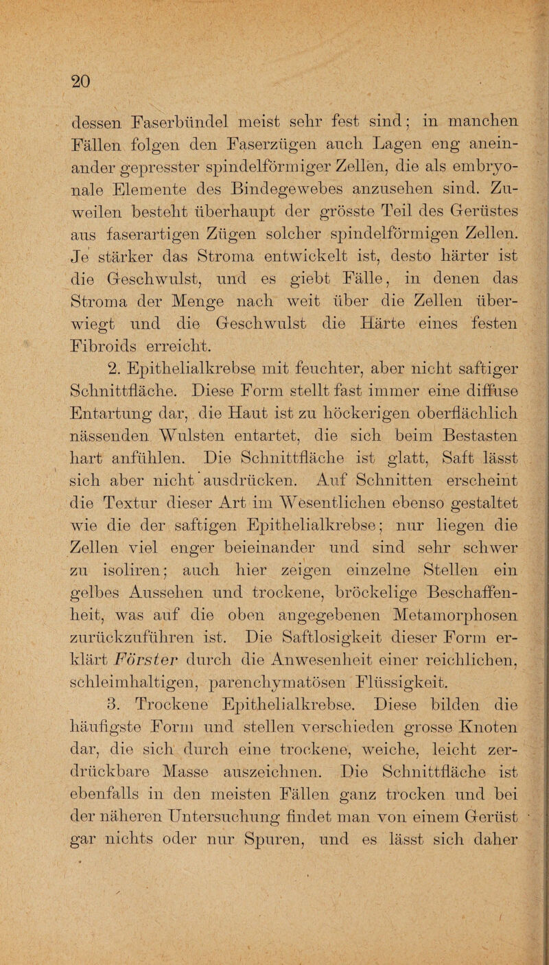 \ dessen Faserbündel meist sehr fest sind; in manchen Fällen folgen den Faserzügen auch Lagen eng anein¬ ander gepresster spindelförmiger Zellen, die als embryo¬ nale Elemente des Bindegewebes anzusehen sind. Zu¬ weilen besteht überhaupt der grösste Teil des Gerüstes aus faserartigen Zügen solcher spindelförmigen Zellen. Je stärker das Stroma entwickelt ist, desto härter ist die Geschwulst, und es giebt Fälle, in denen das Stroma der Menge nach weit über die Zellen über¬ wiegt und die Geschwulst die Härte eines festen Fibroids erreicht. 2. Epithelialkrebse mit feuchter, aber nicht saftiger SchnittfLäche. Diese Form stellt fast immer eine diffuse Entartung dar, die Haut ist zu höckerigen oberflächlich nässenden Wülsten entartet, die sich beim Bestasten hart anfühlen. Die SchnittfLäche ist glatt, Saft lässt sich aber nicht ausdrücken. Auf Schnitten erscheint die Textur dieser Art im Wesentlichen ebenso gestaltet wie die der saftigen Epithelialkrebse; nur liegen die Zellen viel enger beieinander und sind sehr schwer zu isoliren; auch hier zeigen einzelne Stellen ein gelbes Aussehen und trockene, bröckelige Beschaffen¬ heit, was auf die oben angegebenen Metamorphosen zurückzuführen ist. Die Saftlosigkeit dieser Form er¬ klärt Förster durch die Anwesenheit einer reichlichen, schleimhaltigen, parenchymatösen Flüssigkeit. 3. Trockene Epithelialkrebse. Diese bilden die häufigste Form und stellen verschieden grosse Knoten dar, die sich durch eine trockene, weiche, leicht zer¬ drückbare Masse auszeichnen. Die Schnittfläche ist ebenfalls in den meisten Fällen ganz trocken und bei der näheren Untersuchung findet man von einem Gerüst gar nichts oder nur Spuren, und es lässt sich daher