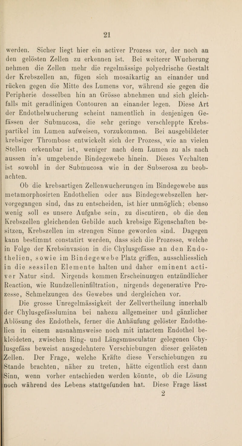 werden. Sicher liegt hier ein activer Prozess vor, der noch an den gelösten Zellen zu erkennen ist. Bei weiterer Wucherung nehmen die Zellen mehr die regelmässige polyedrische Gestalt der Krebszellen an, fügen sich mosaikartig au einander und rücken gegen die Mitte des Lumens vor, während sie gegen die Peripherie desselben hin an Grösse abnehmen und sich gleich¬ falls mit geradlinigen Contouren an einander legen. Diese Art der Endothelwucherung scheint namentlich in denjenigen Ge- fässen der Submucosa, die sehr geringe verschleppte Krebs¬ partikel im Lumen aufweisen, vorzukommen. Bei ausgebildeter krebsiger Thrombose entwickelt sich der Prozess, wie an vielen Stellen erkennbar ist, weniger nach dem Lumen zu als nach aussen in’s umgebende Bindegewebe hinein. Dieses Verhalten ist sowohl in der Submucosa wie in der Subserosa zu beob¬ achten. Ob die krebsartigen Zellenwucherungen im Bindegewebe aus metamorphosirten Endothelien oder aus Bindegewebszellen her¬ vorgegangen sind, das zu entscheiden, ist hier unmöglich; ebenso wenig soll es unsere Aufgabe sein, zu discutiren, ob die den Krebszellen gleichenden Gebilde auch krebsige Eigenschaften be¬ sitzen, Krebszellen im strengen Sinne geworden sind. Dagegen kann bestimmt constatirt werden, dass sich die Prozesse, welche in Folge der Krebsinvasion in die Chylusgefässe an den Endo¬ thelien, sowie im Bindegewebe Platz griffen, ausschliesslich in die sessilen Elemente halten und daher eminent acti¬ ver Natur sind. Nirgends kommen Erscheinungen entzündlicher Reaction, wie Rundzelleninfiltration, nirgends degenerative Pro¬ zesse, Schmelzungen des Gewebes und dergleichen vor. Die grosse Unregelmässigkeit der Zellvertheilung innerhalb der Chylusgefässlumina bei nahezu allgemeiner und gänzlicher Ablösung des Endothels, ferner die Anhäufung gelöster Endothe¬ lien in einem ausnahmsweise noch mit intactem Endothel be¬ kleideten, zwischen Ring- und Längsmusculatur gelegenen Chy- lusgefäss beweist ausgedehntere Verschiebungen dieser gelösten jZellen. Der Frage, welche Kräfte diese Verschiebungen zu Stande brachten, näher zu treten, hätte eigentlich erst dann ■Sinn, wenn vorher entschieden werden könnte, ob die Lösung noch während des Lebens stattgefunden hat. Diese Frage lässt 2
