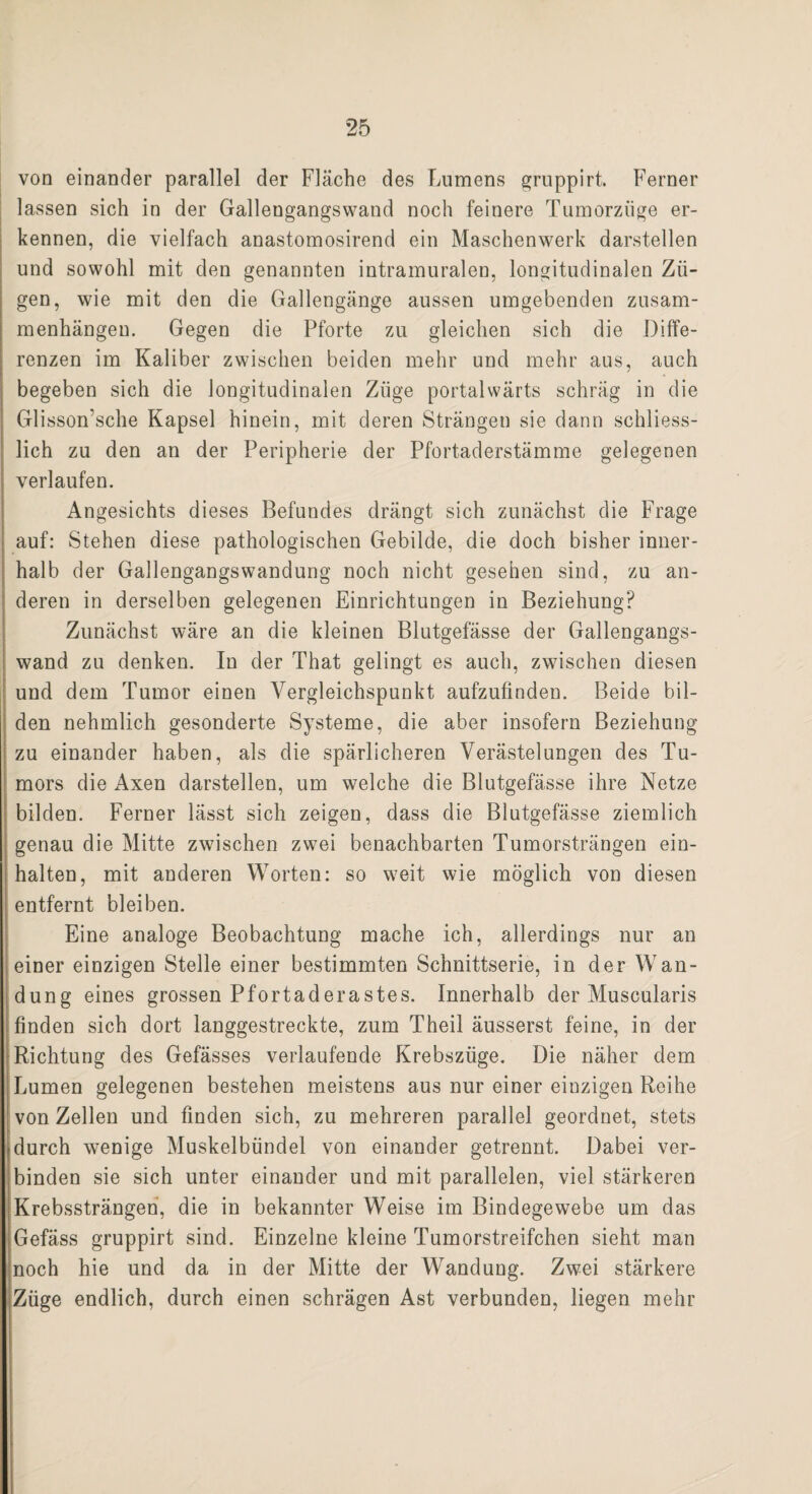 von einander parallel der Fläche des Lumens gruppirt. Ferner lassen sich in der Gallengangswand noch feinere Tumorzüge er¬ kennen, die vielfach anastomosirend ein Maschenwerk darstellen und sowohl mit den genannten intramuralen, longitudinalen Zü¬ gen, wie mit den die Gallengänge aussen umgebenden Zusam¬ menhängen. Gegen die Pforte zu gleichen sich die Diffe¬ renzen im Kaliber zwischen beiden mehr und mehr aus, auch begeben sich die longitudinalen Züge portalwärts schräg in die Glisson’sche Kapsel hinein, mit deren Strängen sie dann schliess¬ lich zu den an der Peripherie der Pfortaderstämme gelegenen verlaufen. Angesichts dieses Befundes drängt sich zunächst die Frage auf: Stehen diese pathologischen Gebilde, die doch bisher inner¬ halb der Gallengangswandung noch nicht gesehen sind, zu an¬ deren in derselben gelegenen Einrichtungen in Beziehung? Zunächst wäre an die kleinen Blutgefässe der Gallengangs¬ wand zu denken. In der That gelingt es auch, zwischen diesen und dem Tumor einen Vergleichspunkt aufzufinden. Beide bil¬ den nehmlich gesonderte Systeme, die aber insofern Beziehung zu einander haben, als die spärlicheren Verästelungen des Tu¬ mors die Axen darstellen, um welche die Blutgefässe ihre Netze bilden. Ferner lässt sich zeigen, dass die Blutgefässe ziemlich genau die Mitte zwischen zwei benachbarten Tumorsträngen ein- halten, mit anderen Worten: so weit wie möglich von diesen entfernt bleiben. Eine analoge Beobachtung mache ich, allerdings nur an einer einzigen Stelle einer bestimmten Schnittserie, in der Wan¬ dung eines grossen Pfortaderastes. Innerhalb der Muscularis finden sich dort langgestreckte, zum Theil äusserst feine, in der Richtung des Gefässes verlaufende Krebszüge. Die näher dem Lumen gelegenen bestehen meistens aus nur einer einzigen Reihe von Zellen und finden sich, zu mehreren parallel geordnet, stets durch wenige Muskelbündel von einander getrennt. Dabei ver¬ binden sie sich unter einander und mit parallelen, viel stärkeren Krebssträngen, die in bekannter Weise im Bindegewebe um das Gefäss gruppirt sind. Einzelne kleine Tumorstreifchen sieht man noch hie und da in der Mitte der Wandung. Zwei stärkere Züge endlich, durch einen schrägen Ast verbunden, liegen mehr