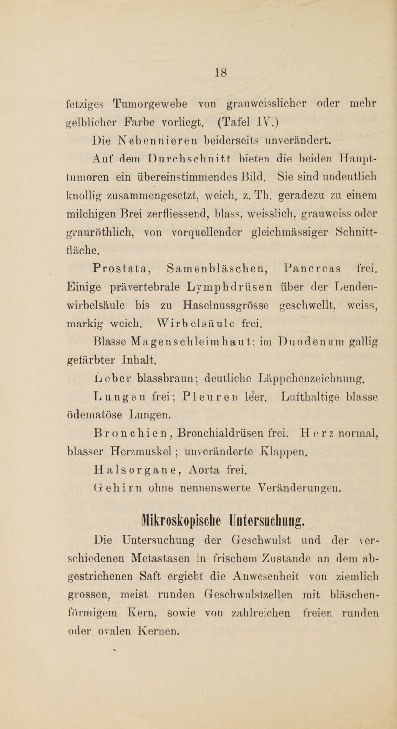 fetziges Tumorgewebe von graiiweisslicher oder mehr gelblicher Farbe vorliegt. (Tafel IV.) Die Nebennieren beiderseits unverändert. Auf dem Durchschnitt bieten die beiden Haupt¬ tumoren ein übereinstimmendes Bild, Sie sind undeutlich knollig zusammengesetzt, weich, z. Th. geradezu zu einem milchigen Brei zerfliessend, blass, weisslich, grauweiss oder grauröthlich, von vorquellender gleichmässiger Schnitt- däche. Prostata, Samenbläschen, Pancreas frei. Einige prävertebrale Lymphdrüsen über der Benden- wirbelsäule bis zu Haselnussgrösse geschwellt, weiss, markig weich. Wirbelsäule frei. Blasse Magenschleimhaut; im Duodenum gallig gefärbter Inhalt. Leber blassbraun; deutliche Läppchenzeichnung. Lungen frei; Pleuren leer. Lufthaltige blasse ödematöse Lungen. Bronchien, Bronchialdrüsen frei. H e r z normal, blasser Herzmuskel; unveränderte Klappen. Halsorgane, Aorta frei. (lehirn ohne nennenswerte Veränderungen. Mikroskopische Untersncliung. Die Untersuchung der Geschwulst und der ver¬ schiedenen Metastasen in frischem Zustande an dem ab¬ gestrichenen Saft ergiebt die Anwesenheit von ziemlich grossen, meist runden Geschwulstzellen mit bläschen¬ förmigem Kern, sowie von zahlreiclien freien runden oder ovalen Kernen.