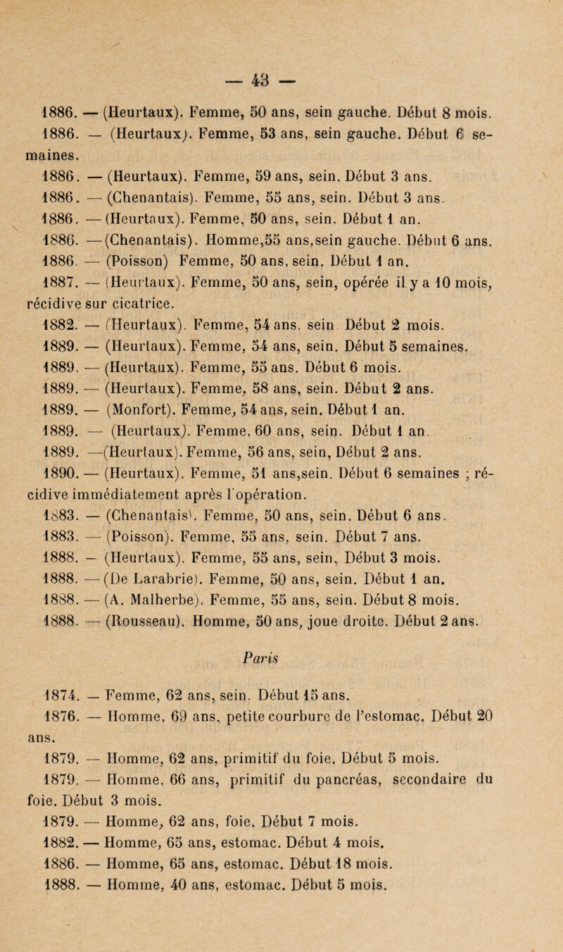 1886. — (Heurtaux). Femme, 50 ans, sein gauche. Début 8 mois. 1886. — (Heurtaux;. Femme, 53 ans, sein gauche. Début 6 se¬ maines. 1886. — (Heurtaux). Femme, 59 ans, sein. Début 3 ans. 1886. — (Cbenantais). Femme, 55 ans, sein. Début 3 ans. 1886. —(Heurtaux). Femme, 50 ans, sein. Début 1 an. 1886. —(Ghenantais). Homme,55 ans,sein gauche. Début 6 ans. 1886. — (Poisson) Femme, 50 ans, sein. Début 1 an. 1887. — (Heurtaux). Femme, 50 ans, sein, opérée il y a 10 mois, récidive sur cicatrice. 1882. — (Heurtaux). Femme, 54 ans. sein Début 2 mois. 1889. — (Heurtaux). Femme, 54 ans, sein. Début 5 semaines. 1889. — (Heurtaux). Femme, 55 ans. Début 6 mois. 1889. — (Heurtaux). Femme, 58 ans, sein. Début 2 ans. 1889. — (Monfort). Femme, 54 ans, sein. Début 1 an. 1889. — (Heurtaux). Femme, 60 ans, sein. Début 1 an. 1889. —(Heurtaux). Femme, 56 ans, sein, Début 2 ans. 1890. — (Heurtaux). Femme, 51 ans,sein. Début 6 semaines ; ré¬ cidive immédiatement après l'opération. 1883. — (Chenantaisb Femme, 50 ans, sein. Début 6 ans. 1883. — (Poisson). Femme, 55 ans, sein. Début 7 ans. 1888. — (Heurtaux). Femme, 55 ans, sein, Début 3 mois. 1888. — (De Larabrie). Femme, 50 ans, sein. Début 1 an. 1888. — (A. Malherbe). Femme, 55 ans, sein. Début 8 mois. 1888. — (Rousseau). Homme, 50 ans, joue droite. Début 2 ans. Paris 1874. — Femme, 62 ans, sein. Début 15 ans. 1876. — Homme, 69 ans, petite courbure de l’estomac. Début 20 ans. 1879. — Homme, 62 ans, primitif du foie. Début 5 mois. 1879. — Homme, 66 ans, primitif du pancréas, secondaire du foie. Début 3 mois. 1879. — Homme, 62 ans, foie. Début 7 mois. 1882. — Homme, 65 ans, estomac. Début 4 mois. 1886. — Homme, 65 ans, estomac. Début 18 mois. 1888. — Homme, 40 ans, estomac. Début 5 mois.