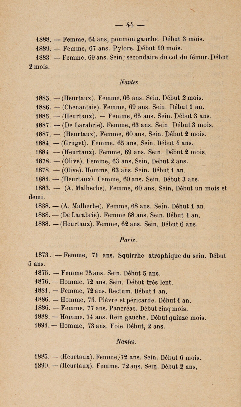 1888. — Femme, 64 ans, poumon gauche. Début 3 mois. 4889. — Femme, 67 ans. Pylore. Début 10 mois. 1883 — Femme, 69 ans. Sein : secondaire du col du fémur. Début 2 mois. Nantes 1885. — (Heurtaux). Femme, 66 ans. Sein. Début 2 mois. 1886. — (Chenantais). Femme, 69 ans. Sein. Début 1 an. 1886. — (Heurtaux). — Femme, 65 ans. Sein. Début 3 ans. 1887. — (De Larabrie). Femme, 63 ans. Sein. Début 3 mois. 1887. — (Heurtaux). Femme, 60 ans. Sein. Début 2 mois. 1884. — (Gruget). Femme, 65 ans. Sein. Début 4 ans. 1884 — (Heurtaux). Femme, 69 ans. Sein. Début 2 mois. 1878. — (Olive). Femme, 63 ans. Sein. Début 2 ans. 1878. — (Olive). Homme, 63 ans. Sein. Début 1 an. 1881. — (Heurtaux). Femme, 60 ans. Sein. Début 3 ans. 1883. — (A. Malherbe). Femme, 60 ans. Sein. Début un mois et demi. 1888. — (A. Malherbe). Femme, 68 ans. Sein. Début 1 an. 1888. — (De Larabrie). Femme 68 ans. Sein. Début 1 an. 1888. — (Heurtaux). Femme, 62 ans. Sein. Début 6 ans. Paris. 1873. —Femme, 71 ans. Squirrhe atrophique du sein. Début 5 ans. 1875. — Femme 75 ans. Sein. Début 5 ans. 1876. — Homme, 72 ans. Sein. Début très lent. 1881. — Femme, 72 ans. Rectum. Début 1 an. 1886. — Homme, 75. Plèvre et péricarde. Début 1 an. 1886. —Femme, 77 ans. Pancréas. Début cinq mois. 1888. — Homme, 74 ans. Rein gauche. Début quinze mois. 1891. — Homme, 73 ans. Foie. Début, 2 ans. Nantes. 1885. — (Heurtaux). Femme,'72 ans. Sein. Début 6 mois. |890. — (Heurtaux). Femme, 72 ans. Sein. Début 2 ans,