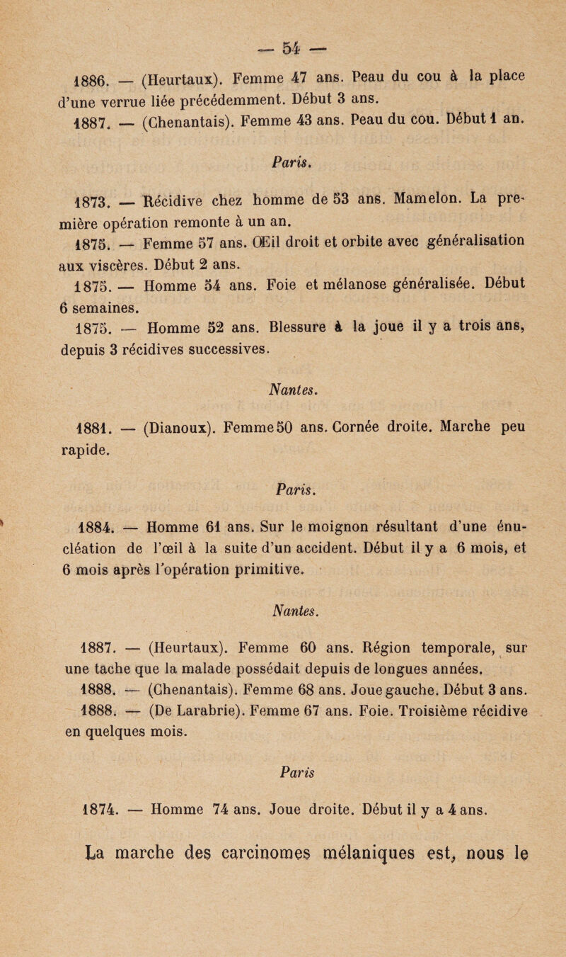 1886. — (Heurtaux). Femme 47 ans. Peau du cou à la place d’une verrue liée précédemment. Début 3 ans. 1887. — (Chenantais). Femme 43 ans. Peau du cou. Début 1 an. Paris. 1873. _ Récidive chez homme de 53 ans. Mamelon. La pre^ mière opération remonte à un an. 1875. — Femme 57 ans. Œil droit et orbite avec généralisation aux viscères. Début 2 ans. 1875.— Homme 54 ans. Foie et mélanose généralisée. Début 6 semaines. 1875. — Homme 52 ans. Blessure k la joue il y a trois ans, depuis 3 récidives successives. Nantes. 1881. — (Dianoux). Femme 50 ans. Cornée droite. Marche peu rapide. Paris. 4884. — Homme 61 ans. Sur le moignon résultant d’une énu¬ cléation de l’œil à la suite d’un accident. Début il y a 6 mois, et 6 mois après l'opération primitive. Nantes. 1887. — (Heurtaux). Femme 60 ans. Région temporale, sur une tache que la malade possédait depuis de longues années. 1888. — (Chenantais). Femme 68 ans. Joue gauche. Début 3 ans. 1888. — (De Larabrie). Femme 67 ans. Foie. Troisième récidive en quelques mois. Paris 1874. —■ Homme 74 ans. Joue droite. Début il y a 4 ans. La marche des carcinomes mélaniques est, nous le