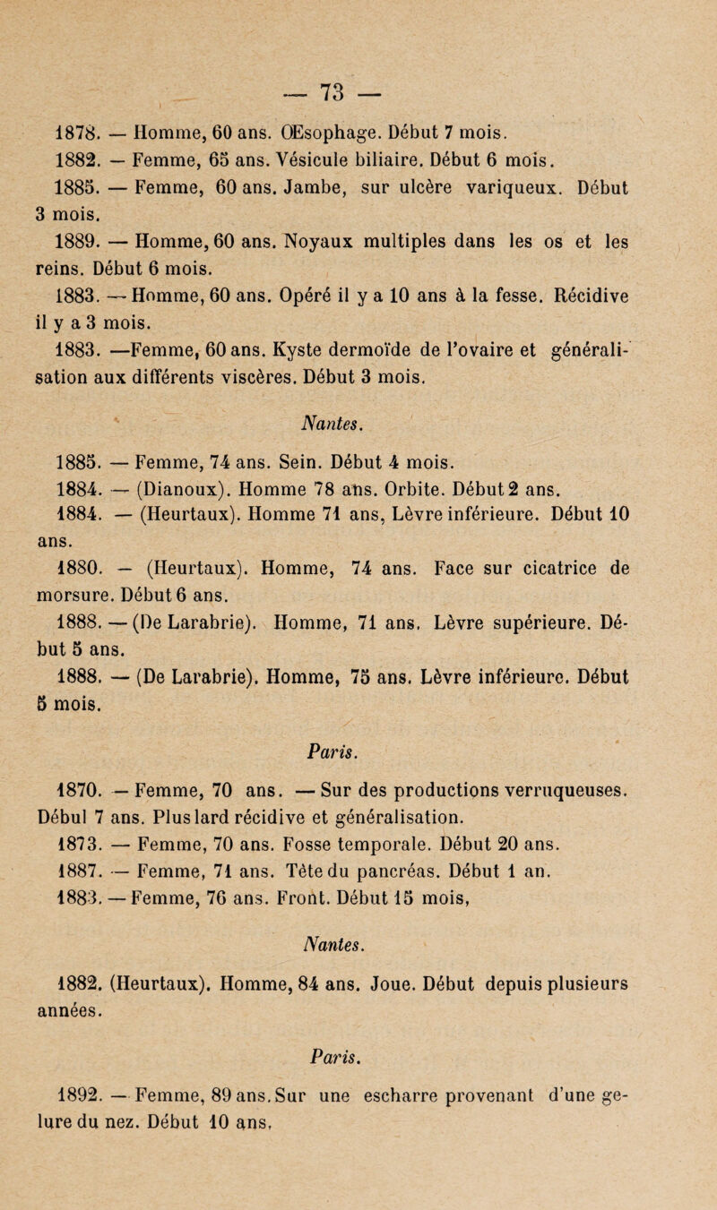 1878. — Homme, 60 ans. OEsophage. Début 7 mois. 1882. — Femme, 65 ans. Vésicule biliaire. Début 6 mois. 1885. — Femme, 60 ans. Jambe, sur ulcère variqueux. Début 3 mois. 1889. — Homme, 60 ans. Noyaux multiples dans les os et les reins. Début 6 mois. 1883. —- Homme, 60 ans. Opéré il y a 10 ans à la fesse. Récidive il y a 3 mois. 1883. —Femme, 60 ans. Kyste dermoïde de Fovaire et générali¬ sation aux différents viscères. Début 3 mois. Nantes. 1885. — Femme, 74 ans. Sein. Début 4 mois. 1884. — (Dianoux). Homme 78 ans. Orbite. Début2 ans. 1884. — (Heurtaux). Homme 71 ans, Lèvre inférieure. Début 10 ans. 1880. — (Heurtaux). Homme, 74 ans. Face sur cicatrice de morsure. Début 6 ans. 1888. — (De Larabrie). Homme, 71 ans. Lèvre supérieure. Dé¬ but 5 ans. 1888. — (De Larabrie). Homme, 75 ans. Lèvre inférieure. Début 5 mois. Paris. 1870. — Femme, 70 ans. —Sur des productions verruqueuses. Débul 7 ans. Plus lard récidive et généralisation. 1873. — Femme, 70 ans. Fosse temporale. Début 20 ans. 1887. — Femme, 71 ans. Tète du pancréas. Début 1 an. 1883. — Femme, 76 ans. Front. Début 15 mois, Nantes. 1882. (Heurtaux). Homme, 84 ans. Joue. Début depuis plusieurs années. Paris. 1892.—Femme, 89 ans. Sur une escharre provenant d’une ge¬ lure du nez. Début 10 ans.