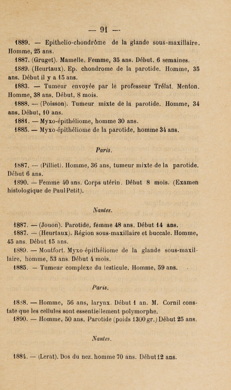 1889. — Epithelio-chondrôme de la glande sous-maxillaire. Homme, 25 ans. 1887. (Gruget). Mamelle. Femme, 35 ans. Début, 6 semaines. 1889. (Heurtaux). Ep. chondrome de la parotide. Homme, 35 ans. Début il y a 15 ans. 1883. — Tumeur envoyée par le professeur Trélat. Menton. Homme, 38 ans. Début, 8 mois. 1888. — (Poisson). Tumeur mixte de la parotide. Homme, 34 ans. Début, 10 ans. 1881. —Myxo-épithéliome, homme 30 ans. 1885. — Myxo-épithéliome de la parotide, homme 34 ans. Paris. 1887. — (Pilliet). Homme, 36 ans, tumeur mixte de la parotide. Début 6 ans. 1890. —Femme 40 ans. Corps utérin. Début 8 mois. (Examen histologique de Paul Petit). Nantes. 1887. — (Jouon). Parotide, femme 48 ans. Début 14 ans. 1887. — (Heurtaux). Région sous-maxillaire et buccale. Homme, 45 ans. Début 15 ans. 1889. — Montfort. Myxo-épithéliome de la glande sous-maxil¬ laire, homme, 53 ans. Début 4 mois. 1885. — Tumeur complexe du testicule. Homme, 59 ans. Paris. 1888. — Homme, 56 ans, larynx. Début 1 an. M. Cornil cons¬ tate que les cellules sont essentiellement polymorphe. 1890. — Homme, 50 ans, Parotide (poids 1300 gr.) Début 25 ans. Nantes. 1884. — (Lerat). Dos du nez. homme 70 ans. Début 12 ans.