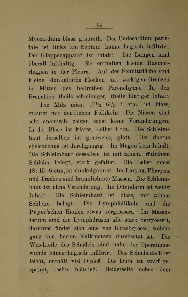 Myocardium blass, grauroth. Das Endocardium parie¬ tale ist links am Septum hämorrhagisch infiltrirt. Der Klappenapparat ist intakt. Die Lungen sind überall lufthaltig. Sie enthalten kleine Haemor- rhagien in der Pleura. Auf der Schnittfläche sind kleine, dunkelrothe Flocken mit zackigen Grenzen in Mitten des hellrothen Parenchyms. In den Bronchien theils schleimiger, theils blutiger Inhalt. Die Milz misst IOV2 : 6V2:3 ctm, ist blass, graurot mit deutlichen Follikeln. Die Nieren sind sehr anämisch, zeigen sonst keine Veränderungen. In der Blase ist klarer, gelber Urin. Die Schleim¬ haut derselben ist grauweiss, glatt. Der ductus choledochus ist durchgängig. Im Magen kein Inhalt. Die Schleimhaut desselben ist mit zähem, rötlichem Schleim belegt, stark gefaltet. Die Leber misst 18 : 15 : 6 ctm, ist dunkelgraurot. Im Larynx, Pharynx und Trachea sind bräunlichrote Massen. Die Schleim- > haut ist ohne Veränderung. Im Dünndarm ist wenig Inhalt. Die Schleimhaut ist blass, mit zähem Schleim belegt. Die Lymphfollikeln und die Peyer’schen Haufen etwas vergrössert. Im Mesen¬ terium sind die Lymphdrüsen alle stark vergrössert, darunter findet sich eine von Kirschgrösse, welche ganz von harten Kalkmassen durchsetzt ist. Die Weichteile des Schädels sind nahe der Operations¬ wunde hämorrhagisch infiltrirt. Das Schädeldach ist leicht, enthält viel Diploe. Die Dura ist straff ge¬ spannt, rechts bläulich. Beiderseits neben dem