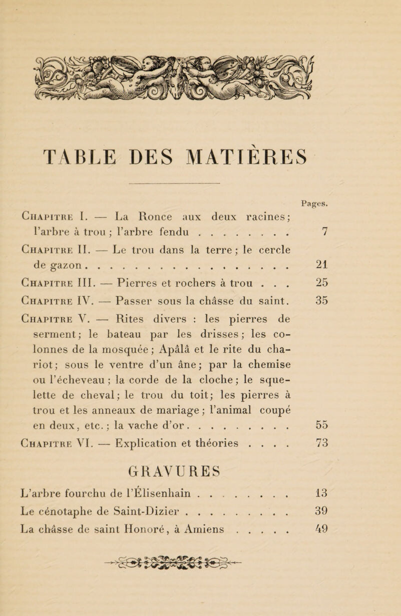 TABLE DES MATIERES Pages. Chapitre I. — La Ronce aux deux racines; l’arbre à trou ; l’arbre fendu. 7 Chapitre II. — Le trou dans la terre; le cercle de gazon. 21 Chapitre III. — Pierres et rochers à trou ... 25 Chapitre IV. — Passer sous la châsse du saint. 35 Chapitre Y. — Rites divers : les pierres de serment ; le bateau par les drisses ; les co¬ lonnes de la mosquée ; Apâlâ et le rite du cha¬ riot; sous le ventre d’un âne; par la chemise ou l’écheveau; la corde de la cloche; le sque¬ lette de cheval; le trou du toit; les pierres à trou et les anneaux de mariage ; l’animal coupé en deux, etc.; la vache d’or. 55 Chapitre VI. — Explication et théories .... 73 GRAVURES L’arbre fourchu de l’Élisenhain. 13 Le cénotaphe de Saint-Dizier. 39 La châsse de saint Honoré, à Amiens. 49