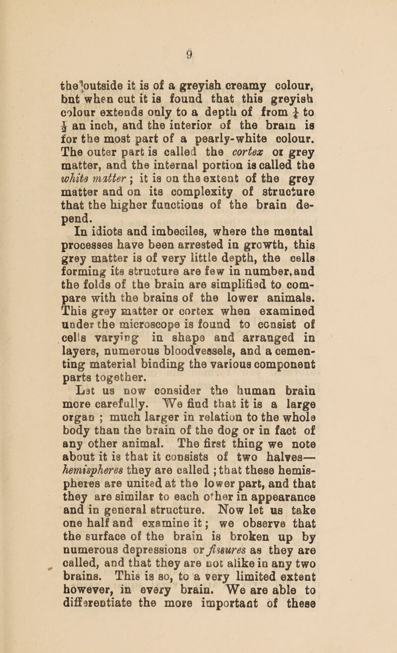 thejoutside it is of a greyish creamy colour, bnt when cut it is found that this greyish colour extends only to a depth of from ^ to \ an inch, and the interior of the brain is for the most part of a pearly-white colour. The outer part is called the cortex or grey matter, and the interna! portion is called the white matter ; it is on the extent of the grey matter and on its complexity of structure that the higher functions of the brain de¬ pend. In idiots and imbeciles, where the mental processes have been arrested in growth, this grey matter is of very little depth, the cells forming its structure are few in number,and the folds of the brain are simplified to com¬ pare with the brains of the lower animals. This grey matter or cortex when examined under the microscope is found to consist of cells varying iu shape and arranged in layers, numerous bloodvessels, and a cemen¬ ting material binding the various component parts together. Let us now consider the human brain more carefully. We find that it is a large organ ; much larger in relation to the whole body than the brain of the dog or in fact of any other animal. The first thing we note about it is that it consists of two halves— hemispheres they are called ; that these hemis¬ pheres are united at the lower part, and that they are similar to each o^her in appearance and in general structure. Now let us take one half and examine it; we observe that the surface of the brain is broken up by numerous depressions or fissures as they are called, and that they are not alike in any two brains. This is so, to a very limited extent however, in every brain. We are able to differentiate the more important of these