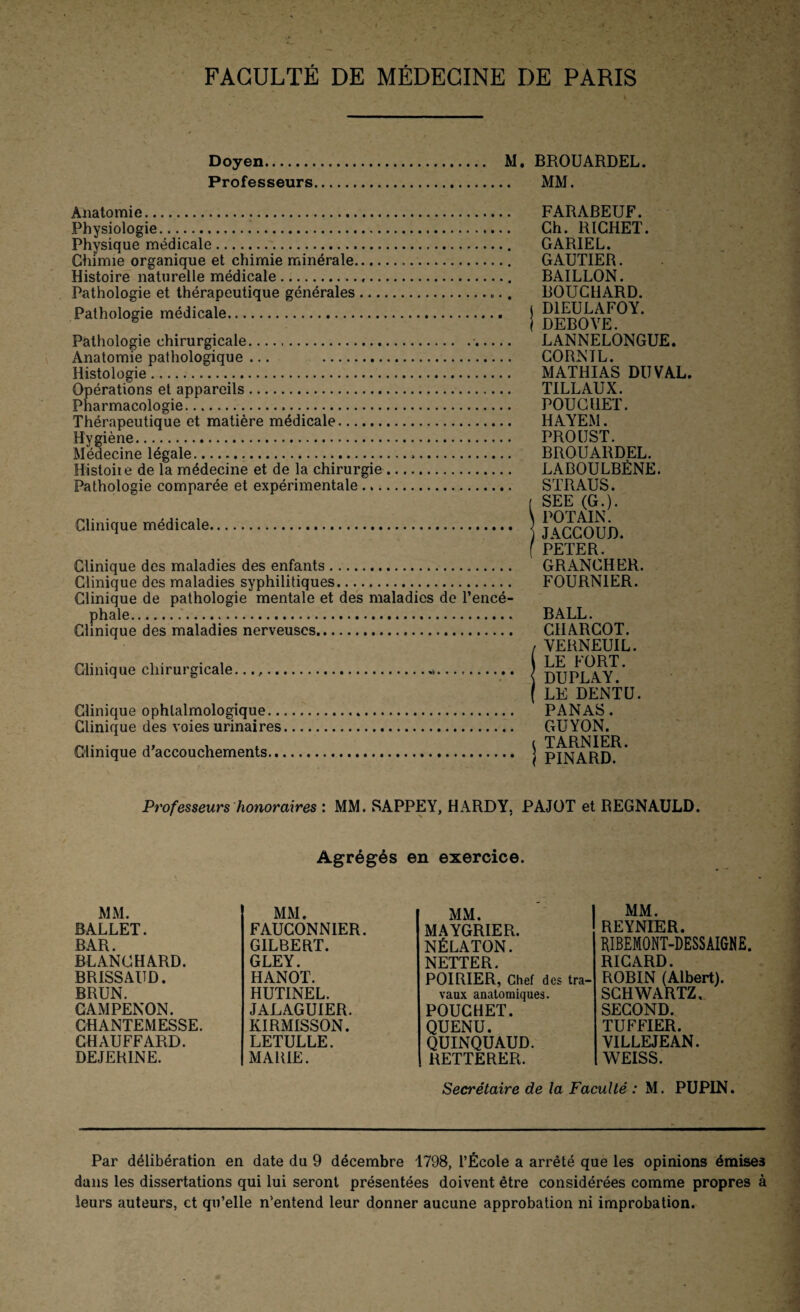 FACULTÉ DE MÉDECINE DE PARIS Doyen. M. BROUARDEL. Professeurs. MM. Anatomie... Physiologie... Physique médicale. Chimie organique et chimie minérale.... Histoire naturelle médicale. Pathologie et thérapeutique générales ... Pathologie médicale. Pathologie chirurgicale. Anatomie pathologique ... . Histologie. Opérations et appareils. Pharmacologie... Thérapeutique et matière médicale. Hygiène. Médecine légale. Histoire de la médecine et de la chirurgie Pathologie comparée et expérimentale ... Clinique médicale. Clinique des maladies des enfants. Clinique des maladies syphilitiques. Clinique de pathologie mentale et des maladies de l’encé¬ phale. Clinique des maladies nerveuses...... Clinique chirurgicale....... Clinique ophtalmologique.. Clinique des voies urinaires Clinique d’accouchements.. FARABEUF. Ch. RICHET. GARIEL. GAUTIER. BAILLON. BOUCHARD, j DIEULAFOY. i DEBOVE. LANNELONGUE. GORNIL. MATHIAS DU VAL. TILLAUX. POUGHET. HAYEM. PROUST. BROUARDEL. LABOULBÊNE. STRAUS. [ SEE (G.). \ POT AIN. JACCOUD, f PETER. GRANCHER. FOURNIER. BALL. CHARCOT. / VERNEUIL. LE FORT. { DUPLAY. ( LE DENTU. PANAS. GUYON. ( TARNIER. i PINARD. Professeurs honoraires : MM. .SAPPEY, HARDY, PAJOT et REGNAULD. Agrégés en exercice. MM. MM. MM. BALLET. FAUCONNIER. MAYGRIER. BAR. GILBERT. NÉLATON. BLANCHARD. GLEY. NETTER. BRISSAUD. HANOT. POIRIER, Chef des tra¬ BRUN. HUTINEL. vaux anatomiques. CAMPENON. JALAGUIER. POUGHET. CHANTEMESSE. KIRMISSON. QUENU. CHAUFFARD. LETULLE. QUINQUAUD. DEJERINE. MARIE. RETTERER. MM. REYNIER. RIBEMONT-DESSAIGNE. RICARD. ROBIN (Albert). SCHWARTZ. SECOND. TUFFIER. VILLEJEAN. WEISS. Secrétaire de la Faculté : M. PUPIN. Par délibération en date du 9 décembre 1798, l’École a arrêté que les opinions émises dans les dissertations qui lui seront présentées doivent être considérées comme propres à leurs auteurs, et qu’elle n’entend leur donner aucune approbation ni improbation.