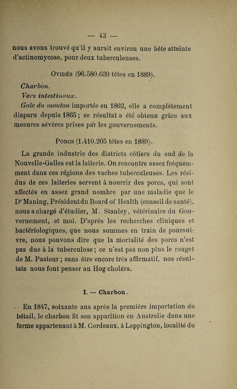 nous avons trouvé qu’il y aurait environ une bête atteinte d’actinomycose, pour deux tuberculeuses. OviDÉs (96.580.639 têtes en 1889). Charbon. Vers intestinaux. Gale du mouton importée en 1862, elle a complètement disparu depuis 1865 ; ce résultat a été obtenu grâce aux mesures sévères prises par les gouvernements. % Porcs (1.410.205 têtes en 1889). La grande industrie des districts côtiers du sud de la Nouvelle-Galles est la laiterie. On rencontre assez fréquem¬ ment dans ces régions des vaches tuberculeuses. Les rési¬ dus de ces laiteries servent à nourrir des porcs, qui sont aüectés en assez grand nombre par une maladie que le D^’Maning, Présidentdu Board of Health (conseil de santé), nous a chargé d’étudier, M. Stanley, vétérinaire du Gou¬ vernement, et moi. D’après les recherches cliniques et bactériologiques, que nous sommes en train de poursui¬ vre, nous pouvons dire que la mortalité des porcs n’est pas due à la tuberculose; ce n’est pas non pins le rouget de M. Pasteur ; sans être encore très affirmatif, nos résul¬ tats nous font penser au Hog choléra. I. — Charbon. V • En 1847, soixante ans après la première importation du bétail, le charbon fit son apparition en Australie dans une ferme appartenant à M. Cordeaux, à Leppington, localité du