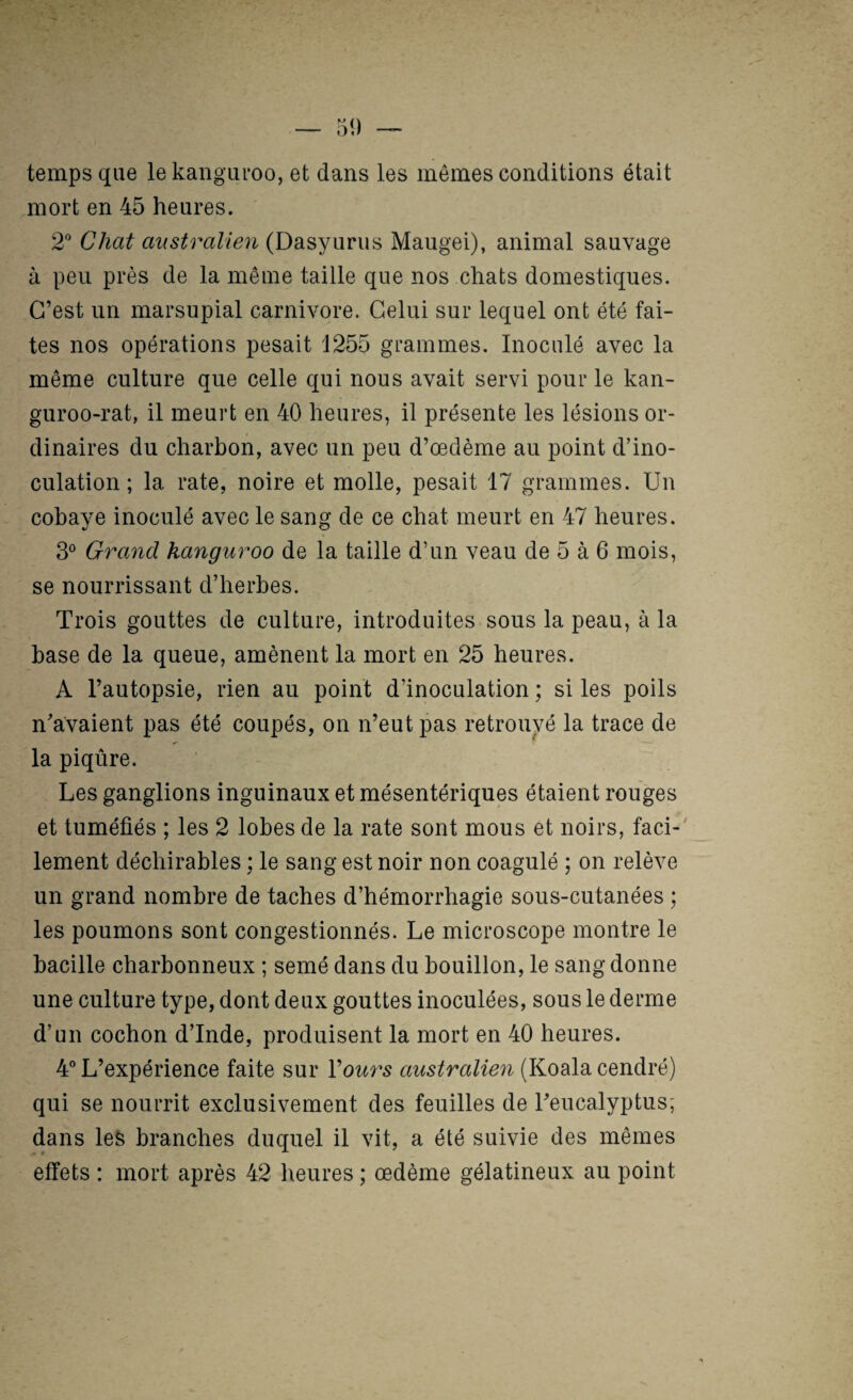 temps que le kanguroo, et dans les mêmes conditions était mort en 45 heures. 2° Chat australien (Dasyurus Maugei), animal sauvage à peu près de la meme taille que nos chats domestiques. C’est un marsupial carnivore. Celui sur lequel ont été fai¬ tes nos opérations pesait 1255 grammes. Inoculé avec la même culture que celle qui nous avait servi pour le kan- guroo-rat, il meurt en 40 heures, il présente les lésions or¬ dinaires du charbon, avec un peu d’œdème au point d’ino¬ culation ; la rate, noire et molle, pesait 17 grammes. Un cobaye inoculé avec le sang de ce chat meurt en 47 heures. 3° Grand kanguroo de la taille d’un veau de 5 à 6 mois, se nourrissant d’herbes. Trois gouttes de culture, introduites sous la peau, à la base de la queue, amènent la mort en 25 heures. A l’autopsie, rien au point d’inoculation ; si les poils n’avaient pas été coupés, on n’eut pas retrouvé la trace de la piqûre. Les ganglions inguinaux et mésentériques étaient rouges et tuméfiés ; les 2 lobes de la rate sont mous et noirs, faci-' lement déchirables ; le sang est noir non coagulé ; on relève un grand nombre de taches d’hémorrhagie sous-cutanées ; les poumons sont congestionnés. Le microscope montre le bacille charbonneux ; semé dans du bouillon, le sang donne une culture type, dont deux gouttes inoculées, sous le derme d’un cochon d’Inde, produisent la mort en 40 heures. 4° L’expérience faite sur Vours australien (Koala cendré) qui se nourrit exclusivement des feuilles de Teucalyptusj dans les branches duquel il vit, a été suivie des mêmes effets : mort après 42 heures ; œdème gélatineux au point