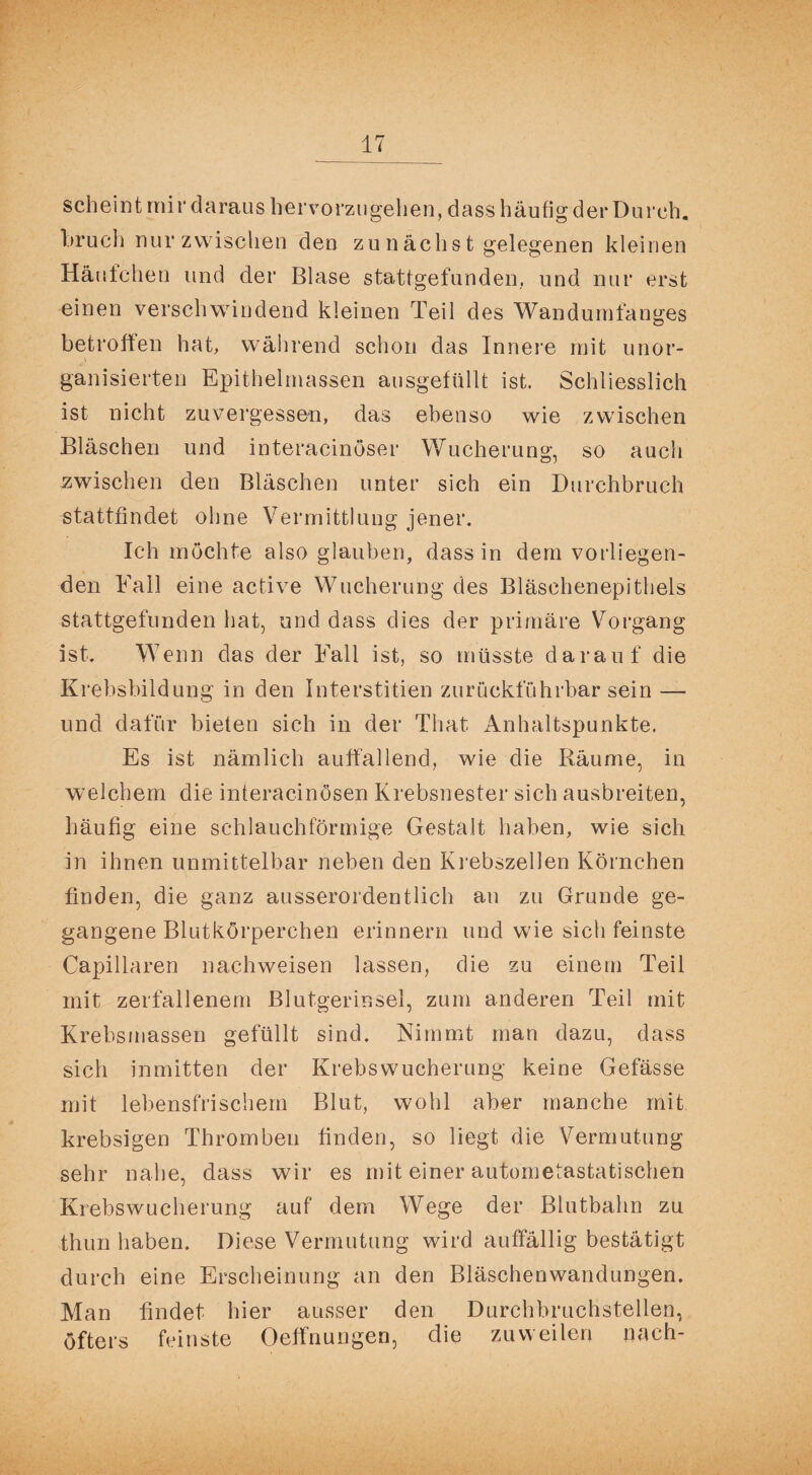 scheint mir daraus hervorzugehen, dass häufig der Durch, bruch nur zwischen den zu nächst gelegenen kleinen Häufchen und der Blase stattgefunden, und nur erst einen verschwindend kleinen Teil des Wandumfanges betroffen hat, während schon das Innere mit unor¬ ganisierten Epithelmassen ausgefüllt ist. Schliesslich ist nicht zuvergessen, das ebenso wie zwischen Bläschen und interacinöser Wucherung, so auch zwischen den Bläschen unter sich ein Durchbruch stattfindet ohne Vermittlung jener. Ich möchte also glauben, dass in dem vorliegen¬ den Fall eine active Wucherung des Bläschenepithels stattgefunden hat, und dass dies der primäre Vorgang ist. Wenn das der Fall ist, so müsste darauf die Krebsbildung in den Interstitiell zurückführbar sein — und dafür bieten sich in der That Anhaltspunkte. Es ist nämlich auffallend, wie die Räume, in welchem die interacinösen Krebsnester sich ausbreiten, häufig eine schlauchförmige Gestalt haben, wie sich in ihnen unmittelbar neben den Krebszellen Körnchen finden, die ganz ausserordentlich au zu Grunde ge¬ gangene Blutkörperchen erinnern und wie sich feinste Capillaren nachweisen lassen, die zu einem Teil mit zerfallenem Blutgerinsel, zum anderen Teil mit Krebsmassen gefüllt sind. Nimmt man dazu, dass sich inmitten der Krebswucherung keine Gefässe mit lebensfrischem Blut, wohl aber manche mit krebsigen Thromben finden, so liegt die Vermutung sehr nahe, dass wir es mit einer autometastatischen Krebswucherung auf dem Wege der Blutbahn zu thun haben. Diese Vermutung wird auffällig bestätigt durch eine Erscheinung an den Bläschenwandungen. Man findet hier ausser den Durchbruchstellen, öfters feinste Oeffnungen, die zuweilen nach-