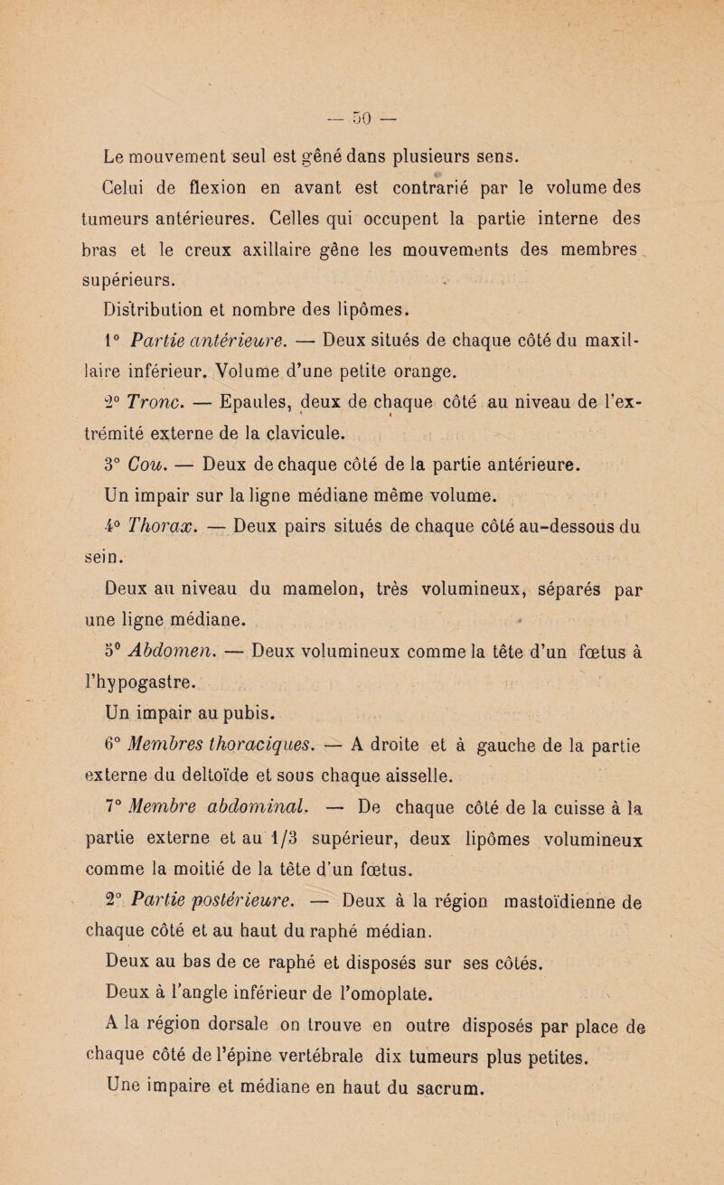 Le mouvement seul est gêné dans plusieurs sens. Celui de flexion en avant est contrarié par le volume des tumeurs antérieures. Celles qui occupent la partie interne des bras et le creux axillaire gêne les mouvements des membres supérieurs. Distribution et nombre des lipomes. 1° Partie antérieure. — Deux situés de chaque côté du maxil¬ laire inférieur. Volume d’une petite orange. 2° Tronc. — Epaules, deux de chaque côté au niveau de l’ex¬ trémité externe de la clavicule. 3° Cou. — Deux de chaque côté de la partie antérieure. Un impair sur la ligne médiane même volume. 4° Thorax. — Deux pairs situés de chaque côté au-dessous du sein. Deux au niveau du mamelon, très volumineux, séparés par une ligne médiane. 5° Abdomen. — Deux volumineux comme la tête d’un fœtus à l’hypogastre. Un impair au pubis. 6° Membres thoraciques. — A droite et à gauche de la partie externe du deltoïde et sous chaque aisselle. 7° Membre abdominal. — De chaque côté de la cuisse à la partie externe et au 1/3 supérieur, deux lipomes volumineux comme la moitié de la tête d’un fœtus. 2° Partie postérieure. — Deux à la région mastoïdienne de chaque côté et au haut du raphé médian. Deux au bas de ce raphé et disposés sur ses côtés. Deux à l'angle inférieur de l’omoplate. A la région dorsale on trouve en outre disposés par place de chaque côté de l’épine vertébrale dix tumeurs plus petites. Une impaire et médiane en haut du sacrum.