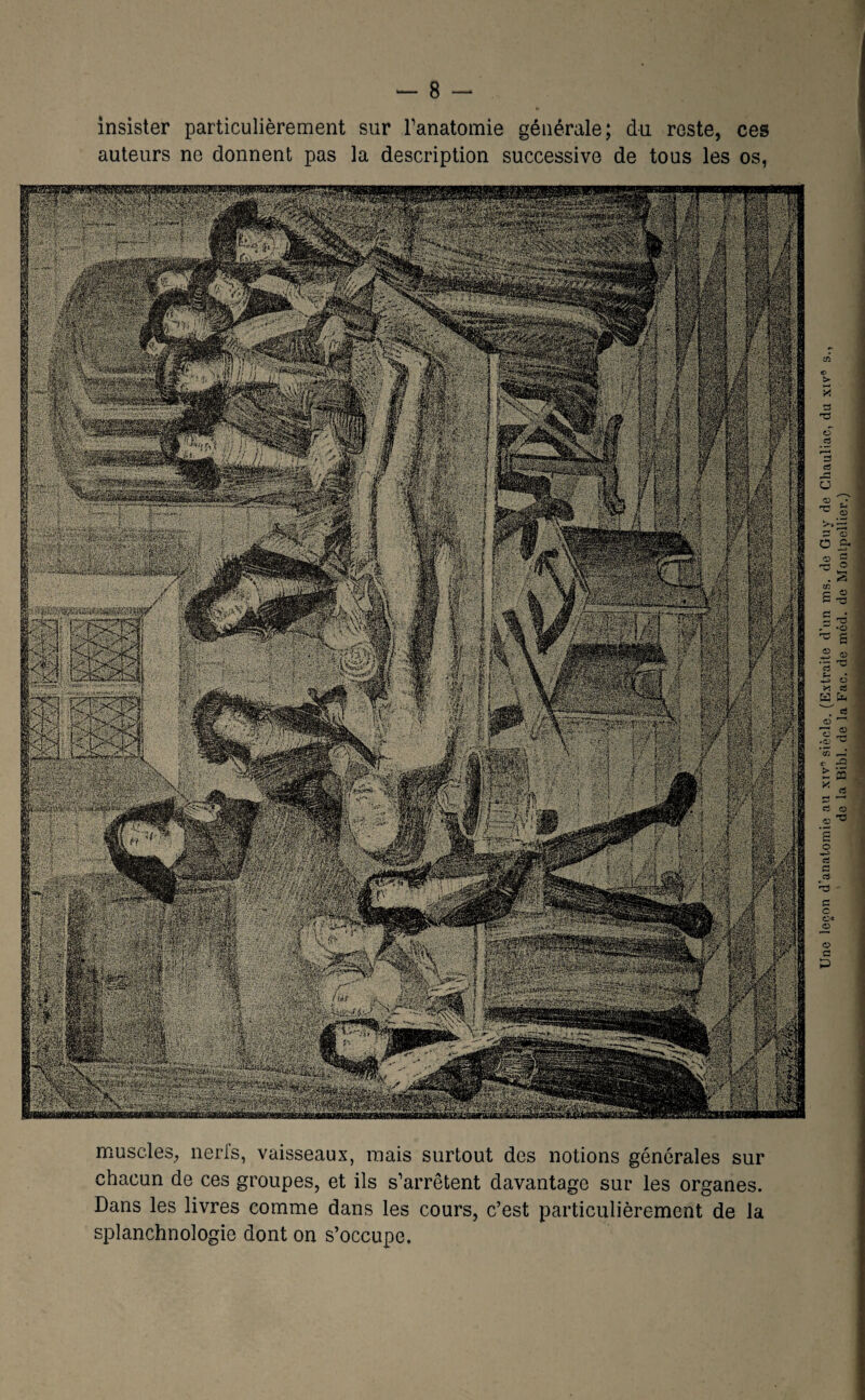 insister particulièrement sur Tanatomie générale; du reste, ces auteurs ne donnent pas la description successive de tous les os, \ muscles, nerfs, vaisseaux, mais surtout des notions générales sur chacun de ces groupes, et ils s’arrêtent davantage sur les organes. Dans les livres comme dans les cours, c’est particulièrement de la splanchnologie dont on s’occupe. kWM Lrr 'i ^-i'é & îP ^ px '? 9^ mmmm «ïiîfS'îff: JUf 1 Wifi Une leçon d'anatomie au xiv' sièele. (Extraite d’un ms. de Guy de Chauliac, du xiv® de la Bibl. de la Fac. de mcd. de Monlpellier.)