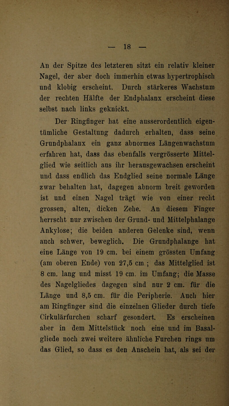 An der Spitze des letzteren sitzt ein relativ kleiner Nagel, der aber doch immerhin etwas hypertrophisch und klobig erscheint. Durch stärkeres Wachstum der rechten Hälfte der Endphalanx erscheint diese selbst nach links geknickt. Der Ringfinger hat eine ausserordentlich eigen¬ tümliche Gestaltung dadurch erhalten, dass seine Grundphalanx ein ganz abnormes Längenwachstum erfahren hat, dass das ebenfalls vergrösserte Mittel¬ glied wie seitlich aus ihr herausgewachsen erscheint und dass endlich das Endglied seine normale Länge zwar behalten hat, dagegen abnorm breit geworden ist und einen Nagel trägt wie von einer recht grossen, alten, dicken Zehe. An diesem Finger herrscht nur zwischen der Grund- und Mittelphalange Ankylose; die beiden anderen Gelenke sind, wenn auch schwer, beweglich. Die Grundphalange hat eine Länge von 19 cm. bei einem grössten Umfang (am oberen Ende) von 27,5 cm ; das Mittelglied ist 8 cm. lang und misst 19 cm. im Umfang; die Masse des Nagelgliedes dagegen sind nur 2 cm. für die Länge und 8,5 cm. für die Peripherie. Auch hier am Ringfinger sind die einzelnen Glieder durch tiefe Cirkulärfurchen scharf gesondert. Es erscheinen aber in dem Mittelstück noch eine und im Basal- gliede noch zwei weitere ähnliche Furchen rings um das Glied, so dass es den Anschein hat, als sei der