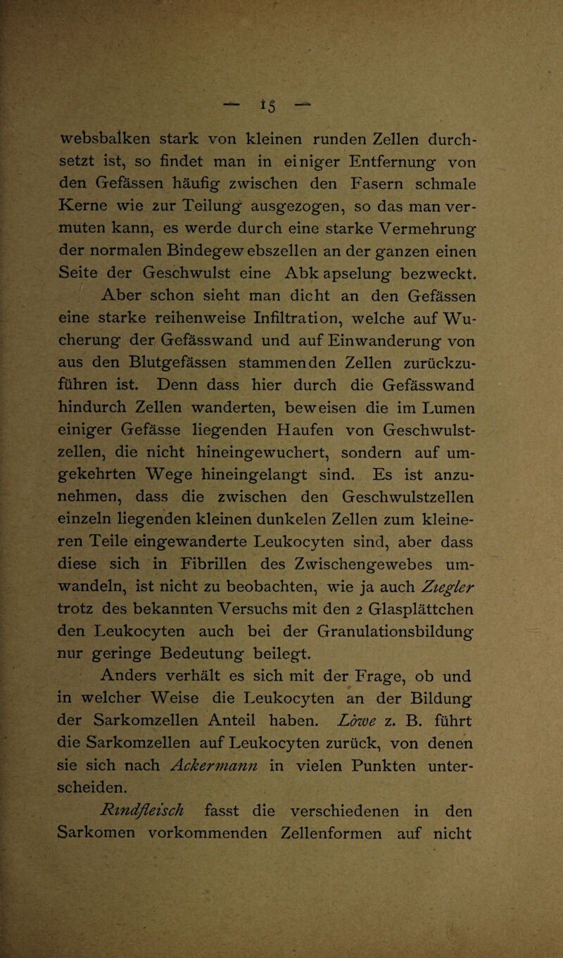 *5 websbalken stark von kleinen runden Zellen durch¬ setzt ist, so findet man in einiger Entfernung von den Gefässen häufig zwischen den Fasern schmale Kerne wie zur Teilung ausgezogen, so das man ver¬ muten kann, es werde durch eine starke Vermehrung der normalen Bindegew ebszellen an der ganzen einen Seite der Geschwulst eine Abk apselung bezweckt. Aber schon sieht man dicht an den Gefässen eine starke reihenweise Infiltration, welche auf Wu¬ cherung der Gefässwand und auf Einwanderung von aus den Blutgefässen stammenden Zellen zurückzu¬ führen ist. Denn dass hier durch die Gefässwand hindurch Zellen wanderten, beweisen die im Lumen einiger Gefässe liegenden Haufen von Geschwulst¬ zellen, die nicht hineingewuchert, sondern auf um¬ gekehrten Wege hineingelangt sind. Es ist anzu¬ nehmen, dass die zwischen den Geschwulstzellen einzeln liegenden kleinen dunkelen Zellen zum kleine¬ ren Teile eingewanderte Leukocyten sind, aber dass diese sich in Fibrillen des Zwischengewebes um¬ wandeln, ist nicht zu beobachten, wie ja auch Ziegler trotz des bekannten Versuchs mit den 2 Glasplättchen den Leukocyten auch bei der Granulationsbildung nur geringe Bedeutung beilegt. Anders verhält es sich mit der Frage, ob und in welcher Weise die Leukocyten an der Bildung der Sarkomzellen Anteil haben. Löwe z. B. führt die Sarkomzellen auf Leukocyten zurück, von denen sie sich nach Ackermann in vielen Punkten unter¬ scheiden. Rindfleisch fasst die verschiedenen in den Sarkomen vorkommenden Zellenformen auf nicht