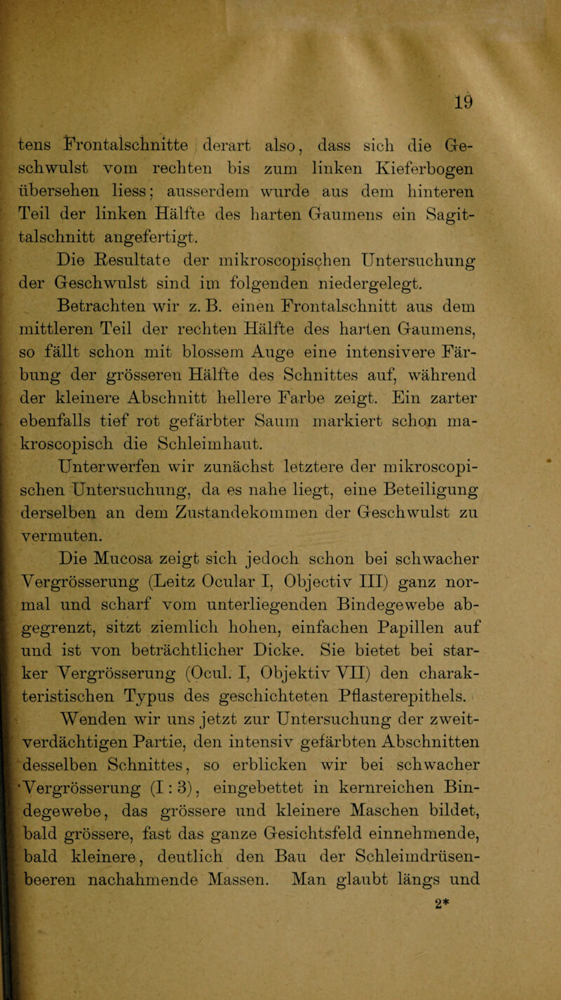 tens Frontalschnitte derart also, dass sich die Ge¬ schwulst vom rechten bis zum linken Kieferbogen übersehen liess; ausserdem wurde aus dem hinteren Teil der linken Hälfte des harten Gaumens ein Sagit- talschnitt angefertigt. Die Resultate der mikroscopischen Untersuchung der Geschwulst sind im folgenden niedergelegt. Betrachten wir z. B. einen Frontalschnitt aus dem mittleren Teil der rechten Hälfte des harten Gaumens, so fällt schon mit blossem Auge eine intensivere Fär¬ bung der grösseren Hälfte des Schnittes auf, während der kleinere Abschnitt hellere Farbe zeigt. Ein zarter ebenfalls tief rot gefärbter Saum markiert schon ma- kroscopisch die Schleimhaut. Unterwerfen wir zunächst letztere der mikroscopi¬ schen Untersuchung, da es nahe liegt, eine Beteiligung derselben an dem Zustandekommen der Geschwulst zu vermuten. Die Mucosa zeigt sich jedoch schon bei schwacher Vergrösserung (Leitz Ocular I, Objectiv III) ganz nor¬ mal und scharf vom unterliegenden Bindegewebe ab¬ gegrenzt, sitzt ziemlich hohen, einfachen Papillen auf und ist von beträchtlicher Dicke. Sie bietet bei star¬ ker Vergrösserung (Ocul. I, Objektiv VII) den charak¬ teristischen Typus des geschichteten Pflasterepithels. Wenden wir uns jetzt zur Untersuchung der zweit¬ verdächtigen Partie, den intensiv gefärbten Abschnitten desselben Schnittes, so erblicken wir bei schwacher 'Vergrösserung (1:3), eingebettet in kernreichen Bin¬ degewebe, das grössere und kleinere Maschen bildet, bald grössere, fast das ganze Gesichtsfeld einnehmende, bald kleinere, deutlich den Bau der Schleimdrüsen¬ beeren nachahmende Massen. Man glaubt längs und 2*