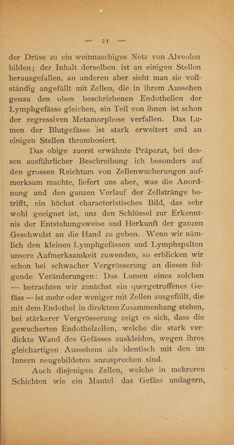 der Drüse zu ein weitmaschiges Netz von Alveolen bilden; der Inhalt derselben ist an einigen Stellen herausgefallen, an anderen aber sieht man sie voll¬ ständig angefüllt mit Zellen, die in ihrem Aussehen genau den oben beschriebenen Endothelien der Lymphgefässe gleichen, ein Teil von ihnen ist schon der regressiven Metamorphose verfallen. Das Lu¬ men der Blutgefässe ist stark erweitert und an einigen Stellen thrombosiert. Das obige zuerst erwähnte Präparat, bei des¬ sen ausführlicher Beschreibung ich besonders auf den grossen Reichtum von Zellenwucherungen auf¬ merksam machte, liefert uns aber, was die Anord¬ nung und den ganzen Verlauf der Zellstränge be¬ trifft, ein höchst characteristisches Bild, das sehr wohl geeignet ist, uns den Schlüssel zur Erkennt¬ nis der Entstehungsweise und Herkunft der ganzen Geschwulst an die Hand zu geben. Wenn wir näm¬ lich den kleinen Lymphgefässen und Lymphspalten unsere Aufmerksamkeit zuwenden, so erblicken wir schon bei schwacher Vergrösserung an diesen fol¬ gende Veränderungen: Das Lumen eines solchen — betrachten wir zunächst ein quergetroffenes Ge- fäss — ist mehr oder weniger mit Zellen ausgefüllt, die mit dem Endothel in direktem Zusammenhang stehen, bei stärkerer Vergrösserung zeigt es sich, dass die gewucherten Endothelzellen, welche die stark ver¬ dickte Wand des Gefässes auskleiden, wegen ihres gleichartigen Aussehens als identisch mit den im Innern neugebildeten anzusprechen sind. Auch diejenigen Zellen, welche in mehreren Schichten wie ein Mantel das Gefäss umlagern,