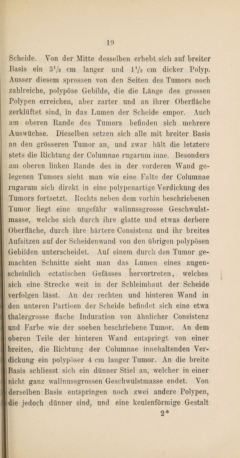 Scheide. Von der Mitte desselben erhebt sich auf breiter Basis ein 37a cm langer und 1 Vs cm dicker Polyp. Ausser diesem sprossen von den Seiten des Tumors noch zahlreiche, polypöse Gebilde, die die Länge des grossen Polypen erreichen, aber zarter und an ihrer Oberfläche zerklüftet sind, in das Lumen der Scheide empor. Auch am oberen Rande des Tumors befinden sich mehrere Auswüchse. Dieselben setzen sich alle mit breiter Basis an den grösseren Tumor an, und zwar hält die letztere stets die Richtung der Columnae rugarum inne. Besonders am oberen linken Rande des in der vorderen Wand ge¬ legenen Tumors sieht man wie eine Falte der Columnae rugarum sich direkt in eine polypenartige Verdickung des Tumors fortsetzt. Rechts neben dem vorhin beschriebenen Tumor liegt eine ungefähr wallnussgrosse Geschwulst¬ masse, welche sich durch ihre glatte und etwas derbere Oberfläche, durch ihre härtere Consistenz und ihr breites Aufsitzen auf der Scheidenwand von den übrigen polypösen Gebilden unterscheidet. Auf einem durch den Tumor ge¬ machten Schnitte sieht man das Lumen eines äugen- * scheinlich ectatischen Gefässes hervortreten, welches sich eine Strecke weit in der Schleimhaut der Scheide verfolgen lässt. An der rechten und hinteren Wand in den unteren Partieen der Scheide befindet sich eine etwa thalergrosse flache Induration von ähnlicher Consistenz und Farbe wie der soeben beschriebene Tumor. An dem oberen Teile der hinteren Wand entspringt von einer breiten, die Richtung der Columnae innehaltenden Ver¬ dickung ein polypöser 4 cm langer Tumor. An die breite Basis schliesst sich ein dünner Stiel an, welcher in einer nicht ganz wallnussgrossen Geschwulstmasse endet. Von derselben Basis entspringen noch zwei andere Polypen, die jedoch dünner sind, und eine keulenförmige Gestalt 2*