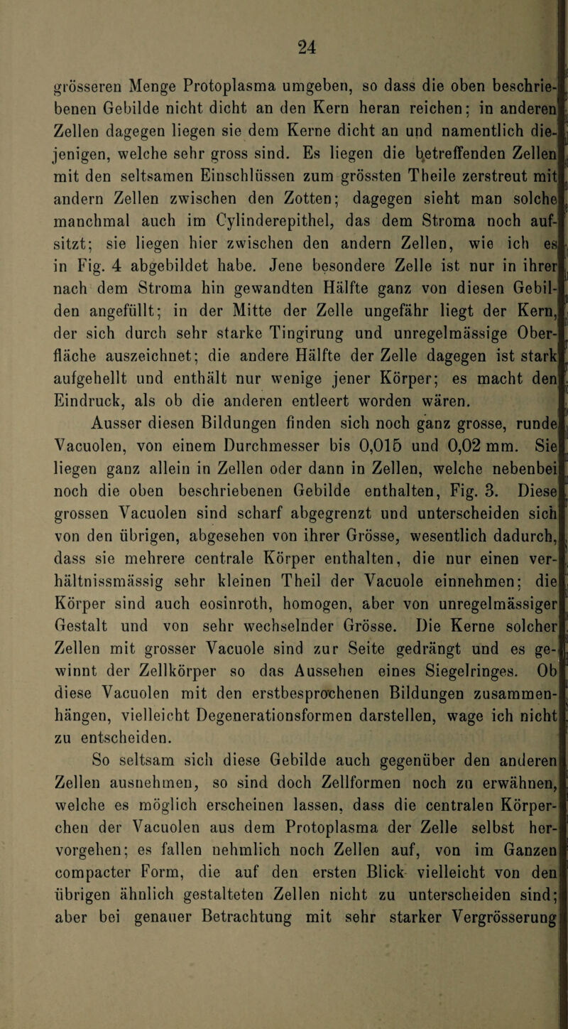 grösseren Menge Protoplasma umgeben, so dass die oben beschrie¬ benen Gebilde nicht dicht an den Kern heran reichen: in anderen Zellen dagegen liegen sie dem Kerne dicht an und namentlich die¬ jenigen, welche sehr gross sind. Es liegen die betreffenden Zellen mit den seltsamen Einschlüssen zum grössten Theile zerstreut mit andern Zellen zwischen den Zotten; dagegen sieht man solche manchmal auch im Cylinderepithel, das dem Stroma noch auf¬ sitzt; sie liegen hier zwischen den andern Zellen, wie ich es in Fig. 4 abgebildet habe. Jene besondere Zelle ist nur in ihrer nach dem Stroma hin gewandten Hälfte ganz von diesen Gebil¬ den angefüllt; in der Mitte der Zelle ungefähr liegt der Kern, der sich durch sehr starke Tingirung und unregelmässige Ober¬ fläche auszeichnet; die andere Hälfte der Zelle dagegen ist stark aufgehellt und enthält nur wenige jener Körper; es macht den Eindruck, als ob die anderen entleert worden wären. Ausser diesen Bildungen finden sich noch ganz grosse, runde, Vacuolen, von einem Durchmesser bis 0,015 und 0,02 mm. Sie liegen ganz allein in Zellen oder dann in Zellen, welche nebenbei noch die oben beschriebenen Gebilde enthalten, Fig. 3. Diese grossen Vacuolen sind scharf abgegrenzt und unterscheiden sich von den übrigen, abgesehen von ihrer Grösse, wesentlich dadurch, dass sie mehrere centrale Körper enthalten, die nur einen ver- hältnissmässig sehr kleinen Theil der Vacuole einnehmen; die Körper sind auch eosinroth, homogen, aber von unregelmässiger Gestalt und von sehr wechselnder Grösse. Die Kerne solcher Zellen mit grosser Vacuole sind zur Seite gedrängt und es ge¬ winnt der Zellkörper so das Aussehen eines Siegelringes. Ob diese Vacuolen mit den erstbesprochenen Bildungen Zusammen¬ hängen, vielleicht Degenerationsformen darstellen, wage ich nicht zu entscheiden. So seltsam sich diese Gebilde auch gegenüber den anderen Zellen ausnehmen, so sind doch Zellformen noch zu erwähnen, welche es möglich erscheinen lassen, dass die centralen Körper¬ chen der Vacuolen aus dem Protoplasma der Zelle selbst her¬ vorgehen; es fallen nehmlich noch Zellen auf, von im Ganzen compacter Form, die auf den ersten Blick vielleicht von den übrigen ähnlich gestalteten Zellen nicht zu unterscheiden sind; aber bei genauer Betrachtung mit sehr starker Vergrösserungj’