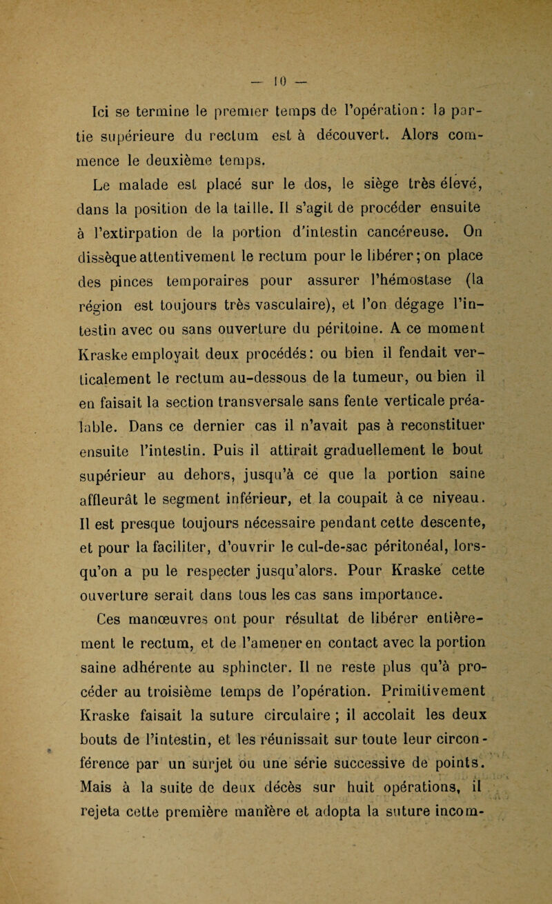 Ici se termine le premier temps de l’opération: la par¬ tie supérieure du rectum est à découvert. Alors com¬ mence le deuxième temps. Le malade est placé sur le dos, le siège très élevé, dans la position de la taille. Il s’agit de procéder ensuite à l’extirpation de la portion d’intestin cancéreuse. On dissèque attentivement le rectum pour le libérer ; on place des pinces temporaires pour assurer l’hémostase (la région est toujours très vasculaire), et l’on dégage l’in¬ testin avec ou sans ouverture du péritoine. A ce moment Ivraske employait deux procédés : ou bien il fendait ver¬ ticalement le rectum au-dessous de la tumeur, ou bien il en faisait la section transversale sans fente verticale préa¬ lable. Dans ce dernier cas il n’avait pas à reconstituer ensuite l’intestin. Puis il attirait graduellement le bout supérieur au dehors, jusqu’à ce que la portion saine affleurât le segment inférieur, et la coupait à ce niveau. Il est presque toujours nécessaire pendant cette descente, et pour la faciliter, d’ouvrir le cul-de-sac péritonéal, lors¬ qu’on a pu le respecter jusqu’alors. Pour Kraske cette ouverture serait dans tous les cas sans importance. Ces manœuvres ont pour résultat de libérer entière¬ ment le rectum, et de l’amener en contact avec la portion saine adhérente au sphincter. Il ne reste plus qu’à pro¬ céder au troisième temps de l’opération. Primitivement Kraske faisait la suture circulaire ; il accolait les deux bouts de l’intestin, et les réunissait sur toute leur circon¬ férence par un surjet ou une série successive de points. Mais à la suite de deux décès sur huit opérations, il rejeta cette première manfëre et adopta la suture incom-