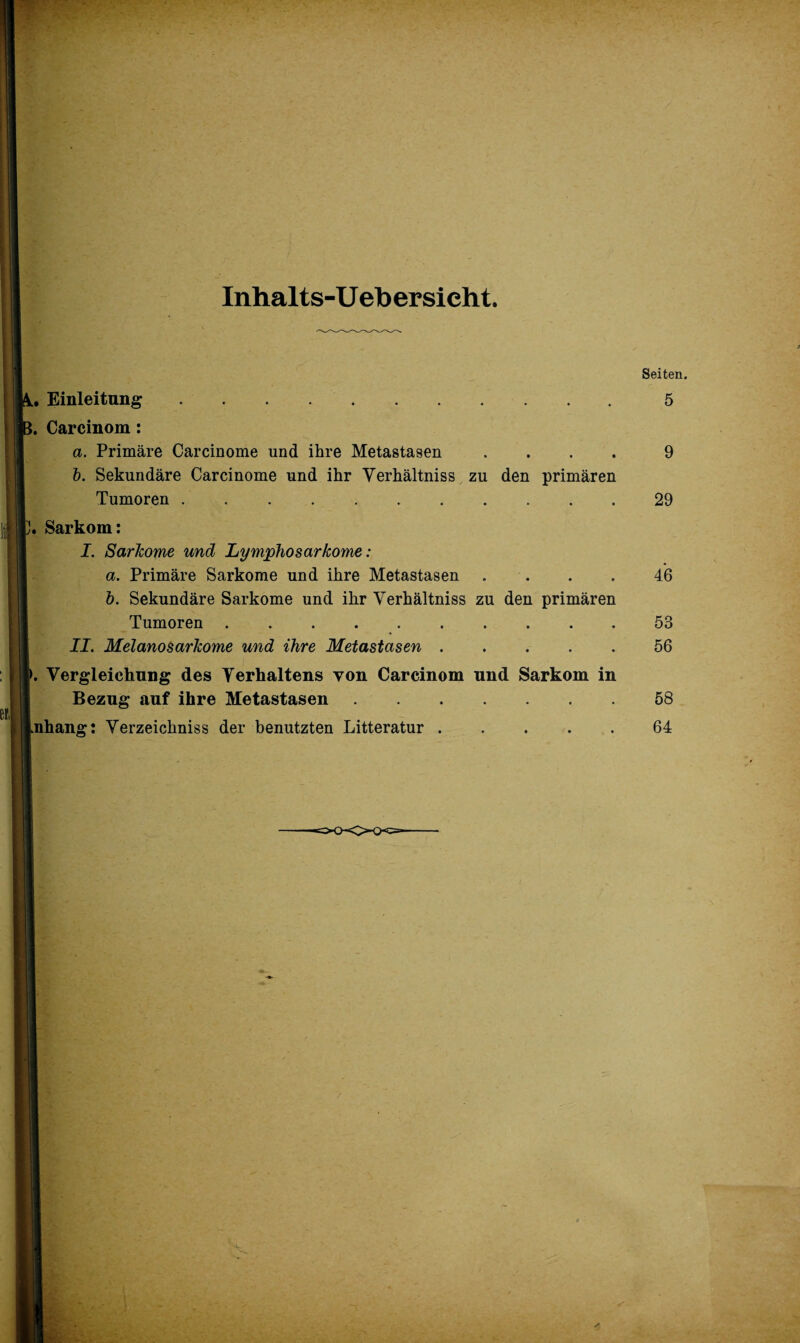 Inhalts-Ueb ersieht. Seiten. .. Einleitung.5 . Carcinom: a. Primäre Carcinome und ihre Metastasen .... 9 b. Sekundäre Carcinome und ihr Yerhältniss zu den primären Tumoren.29 . Sarkom: I. Sarkome und Lymphosarkome: a. Primäre Sarkome und ihre Metastasen .... 46 b. Sekundäre Sarkome und ihr Yerhältniss zu den primären Tumoren.53 II. Melanosarkome und ihre Metastasen.56 . Vergleichung des Verhaltens von Carcinom und Sarkom in Bezug auf ihre Metastasen.58 nhang: Verzeichniss der benutzten Litteratur.64