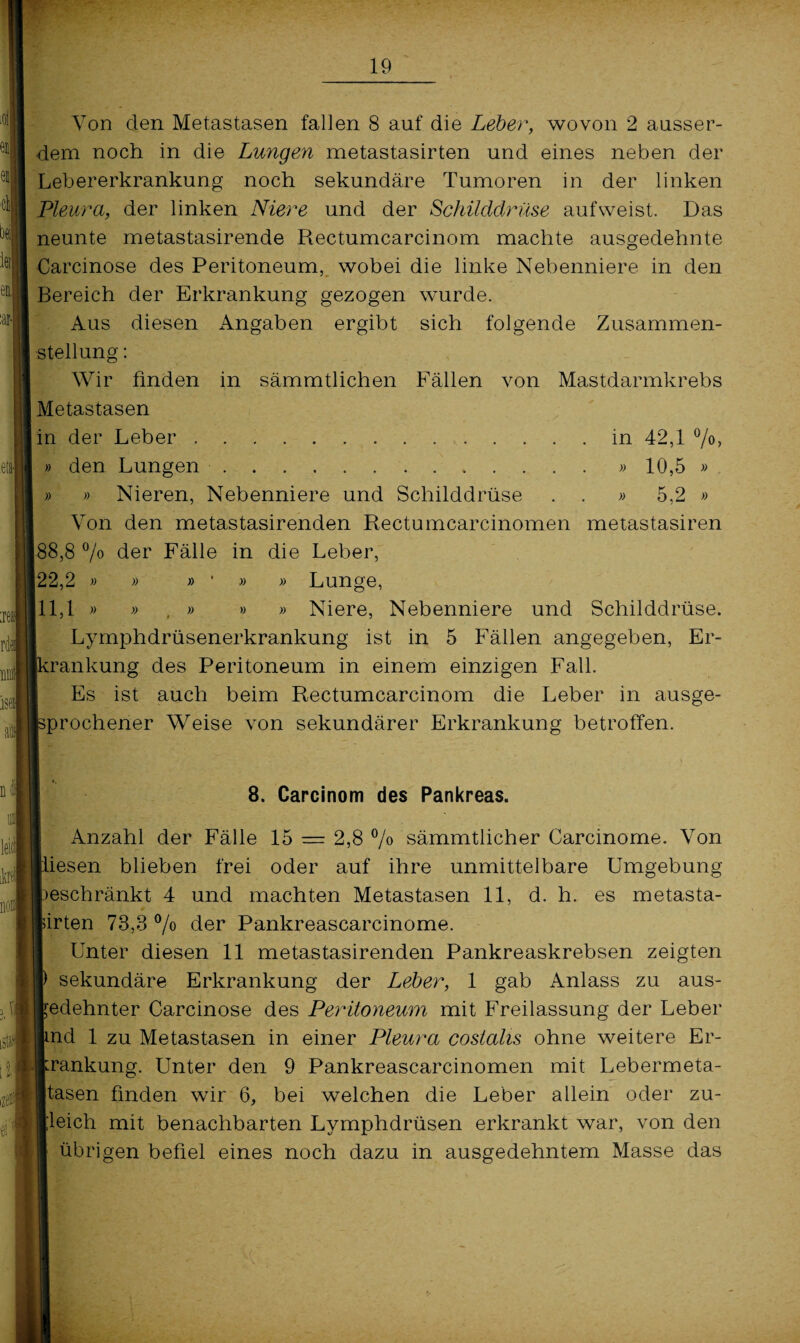 Von clen Metastasen fallen 8 auf die Leber, wovon 2 ausser¬ dem noch in die Lungen metastasirten und eines neben der Lebererkrankung noch sekundäre Tumoren in der linken Pleura, der linken Niere und der Schilddrüse auf weist. Das neunte metastasirende Rectumcarcinom machte ausgedehnte Carcinose des Peritoneum, wobei die linke Nebenniere in den Bereich der Erkrankung gezogen wurde. Aus diesen Angaben ergibt sich folgende Zusammen¬ stellung : Wir finden in sämmtlichen Fällen von Mastdarmkrebs Metastasen in der Leber.in 42,1 °/o, » den Lungen.» 10,5 » » » Nieren, Nebenniere und Schilddrüse . . » 5,2 » Von den metastasirenden Rectumcarcinomen metastasiren 88,8 % der Fälle in die Leber, 22,2 » » » * » » Lunge, 11,1 « » , » » » Niere, Nebenniere und Schilddrüse. Lymphdrüsenerkrankung ist in 5 Fällen angegeben, Er¬ krankung des Peritoneum in einem einzigen Fall. Es ist auch beim Rectumcarcinom die Leber in ausge¬ sprochener Weise von sekundärer Erkrankung betroffen. 8. Carcinom des Pankreas. Anzahl der Fälle 15 — 2,8 % sämmtlicher Carcinome. Von lliesen blieben frei oder auf ihre unmittelbare Umgebung Iieschränkt 4 und machten Metastasen 11, d. h. es metasta- lirten 73,3 °/o der Pankreascarcinome. Unter diesen 11 metastasirenden Pankreaskrebsen zeigten |) sekundäre Erkrankung der Leber, 1 gab Anlass zu aus¬ gedehnter Carcinose des Peritoneum mit Freilassung der Leber Jmd 1 zu Metastasen in einer Pleura costahs ohne weitere Er¬ krankung. Unter den 9 Pankreascarcinomen mit Lebermeta- Itasen finden wir 6, bei welchen die Leber allein oder zu- I'leich mit benachbarten Lymphdrüsen erkrankt war, von den R übrigen befiel eines noch dazu in ausgedehntem Masse das