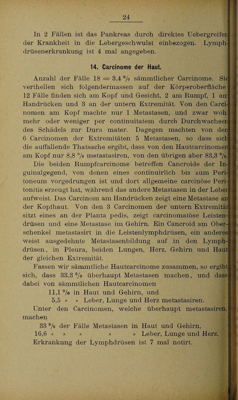 In 2 Fällen ist das Pankreas durch direktes Uebergreifer. der Krankheit in die Lebergeschwulst einbezogen. Lymph drüsenerkrankung ist 4 mal angegeben. 14. Carcinome der Haut. Anzahl der Fälle 18 = 3,4 % sämmtlicher Carcinome. Sie vertheilen sich folgendermassen auf der Körperoberfläche 12 Fälle finden sich am Kopf und Gesicht, 2 am Rumpf, 1 arr Handrücken und 3 an der untern Extremität. Von den Carci- nomen am Kopf machte nur 1 Metastasen, und zwar woh' mehr oder weniger per continuitatem durch Durchwachsen des Schädels zur Dura mater. Dagegen machten von der 6 Carcinomen der Extremitäten 5 Metastasen, so dass sich die auffallende Thatsache ergibt, dass von den Hautcarcinomeb am Kopf nur 8,8 °/° metastasiren, von den übrigen aber 83,3 °/o. Die beiden Rumpfcarcinome betreffen Cancroide der In¬ guinalgegend, von denen eines continuirlich bis zum Peri¬ toneum vorgedrungen ist und dort allgemeine carcinöse Peri¬ tonitis erzeugt hat, während das andere Metastasen in der Leber aufweist. Das Carcinom am Handrücken zeigt eine Metastase an der Kopfhaut. Von den 3 Carcinomen der untern Extremität sitzt eines an der Planta pedis, zeigt carcinomatöse Leisten¬ drüsen und eine Metastase im Gehirn. Ein Cancroid am Ober¬ schenkel metastasirt in die Leistenlymphdrüsen, ein anderes weist ausgedehnte Metastasenbildung auf in den Lymph- drüsen, in Pleura, beiden Lungen, Herz, Gehirn und Haut der gleichen Extremität, Fassen wir sämmtliche Hautcarcinome zusammen, so ergibt sich, dass 33,3% überhaupt Metastasen machen, und dass dabei von sämmtlichen Ilautcarcinomen 11,1 % in Haut und Gehirn, und 5,5 » » Leber, Lunge und Herz metastasiren. Unter den Carcinomen, welche überhaupt metastasiren, machen 33 °/o der Fälle Metastasen in Haut und Gehirn, 16,6 » » » » » Leber, Lunge und Herz. Erkrankung der Lymphdrüsen ist 7 mal notirt.