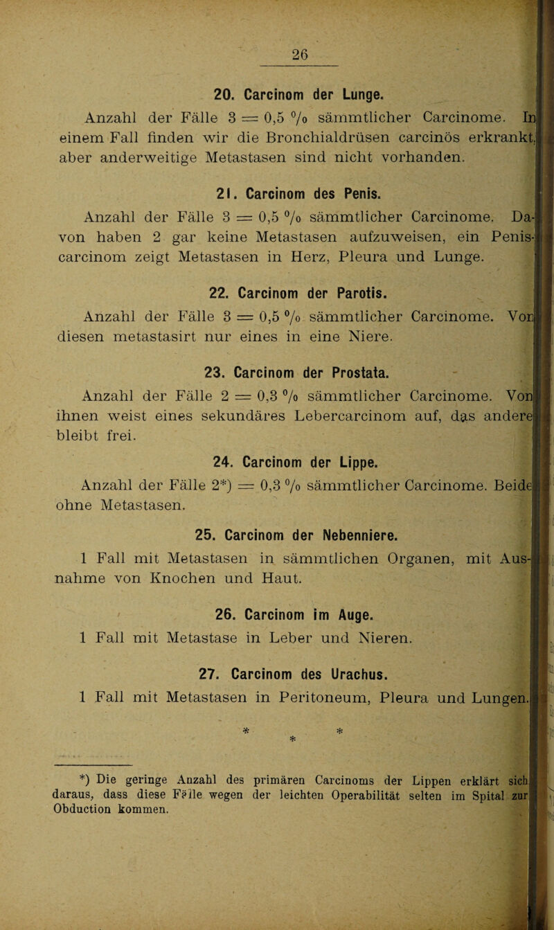 20. Carcinom der Lunge. Anzahl der Fälle 3 = 0,5 °/o sämmtlicher Carcinome. Ii einem Fall finden wir die Bronchialdrüsen carcinös erkrankt,] aber anderweitige Metastasen sind nicht vorhanden. 21. Carcinom des Penis. Anzahl der Fälle 3 == 0,5 °/o sämmtlicher Carcinome. Da-| von haben 2 gar keine Metastasen aufzuweisen, ein Penis- carcinom zeigt Metastasen in Herz, Pleura und Lunge. 22. Carcinom der Parotis. Anzahl der Fälle 3 — 0,5 % sämmtlicher Carcinome. Vor| diesen metastasirt nur eines in eine Niere. 23. Carcinom der Prostata. Anzahl der Fälle 2 — 0,3 % sämmtlicher Carcinome. Vonl ihnen weist eines sekundäres Lebercarcinom auf, das andere! bleibt frei. 24. Carcinom der Lippe. Anzahl der Fälle 2*) — 0,3 % sämmtlicher Carcinome. Beide ohne Metastasen. 25. Carcinom der Nebenniere. 1 Fall mit Metastasen in sämmtlichen Organen, mit Aus¬ nahme von Knochen und Haut. 26. Carcinom im Auge. 1 Fall mit Metastase in Leber und Nieren. 27. Carcinom des Urachus. 1 Fall mit Metastasen in Peritoneum, Pleura und Lungen. * % *) Die geringe Anzahl des primären Carcinoms der Lippen erklärt sich! daraus, dass diese Feile wegen der leichten Operabilität selten im Spital zur Obduction kommen.