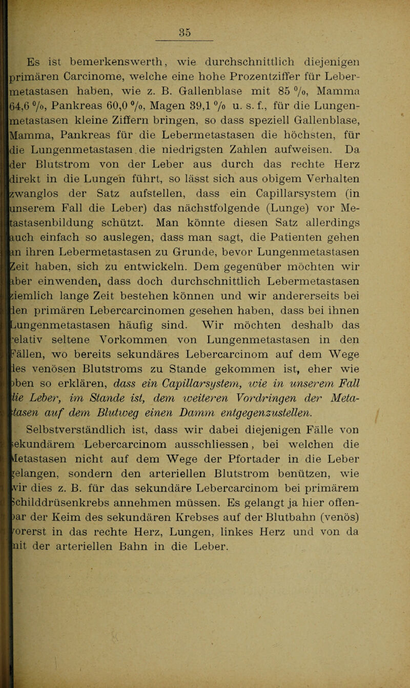 Es ist bemerkenswert!!, wie durchschnittlich diejenigen primären Carcinome, welche eine hohe Prozentziffer für Leber¬ metastasen haben, wie z. B. Gallenblase mit 85 °/o, Mamma 64,6 °/o, Pankreas 60,0 °/o, Magen 39,1 °/° u- s- f-> für die Lungen¬ metastasen kleine Ziffern bringen, so dass speziell Gallenblase, Mamma, Pankreas für die Lebermetastasen die höchsten, für die Lungenmetastasen . die niedrigsten Zahlen aufweisen. Da der Blutstrom von der Leber aus durch das rechte Herz direkt in die Lungen führt, so lässt sich aus obigem Verhalten zwanglos der Satz aufstellen, dass ein Capillarsystem (in Unserem Fall die Leber) das nächstfolgende (Lunge) vor Me- kastasenbildung schützt. Man könnte diesen Satz allerdings kuch einfach so auslegen, dass man sagt, die Patienten gehen kn ihren Lebermetastasen zu Grunde, bevor Lungenmetastasen beit haben, sich zu entwickeln. Dem gegenüber möchten wir aber einwenden, dass doch durchschnittlich Lebermetastasen Ziemlich lange Zeit bestehen können und wir andererseits bei hen primären Lebercarcinomen gesehen haben, dass bei ihnen [Lungenmetastasen häufig sind. Wir möchten deshalb das relativ seltene Vorkommen von Lungenmetastasen in den Fällen, wo bereits sekundäres Lebercarcinom auf dem Wege lies venösen Blutstroms zu Stande gekommen ist, eher wie pben so erklären, dass ein Capillarsystem, wie in unserem Fall wie Leber, im Stande ist, dem weiteren Vordringen der Meta¬ stasen auf dem Blutweg einen Damm entgegenzustellen. Selbstverständlich ist, dass wir dabei diejenigen Fälle von kekundärem Lebercarcinom ausschliessen, bei welchen die Metastasen nicht auf dem Wege der Pfortader in die Leber gelangen, sondern den arteriellen Blutstrom benützen, wie vir dies z. B. für das sekundäre Lebercarcinom bei primärem Schilddrüsenkrebs annehmen müssen. Es gelangt ja hier offen¬ er der Keim des sekundären Krebses auf der Blutbahn (venös) vorerst in das rechte Herz, Lungen, linkes Herz und von da nit der arteriellen Bahn in die Leber.