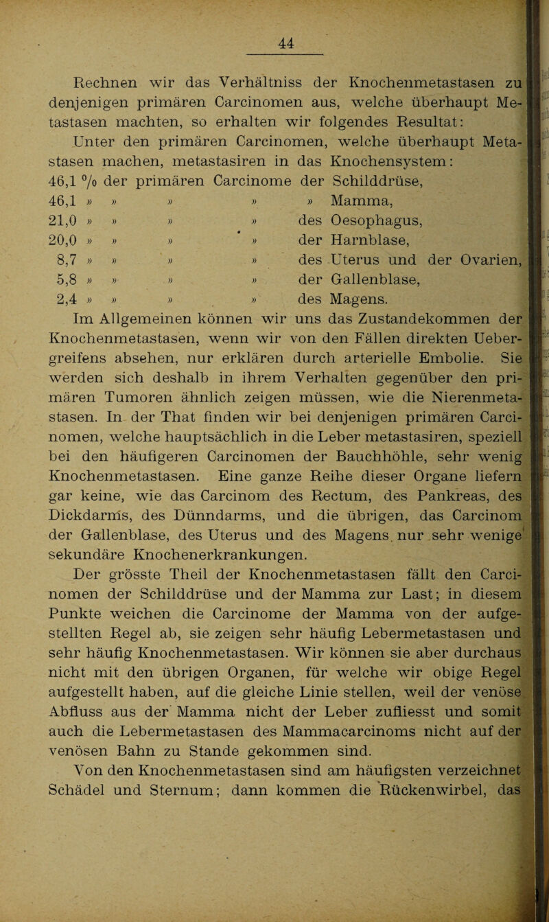 Rechnen wir das Verhältnis der Knochenmetastasen zu denjenigen primären Carcinomen aus, welche überhaupt Me¬ tastasen machten, so erhalten wir folgendes Resultat: Unter den primären Carcinomen, welche überhaupt Meta¬ stasen machen, metastasiren in das Knochensystem: 46,1 % der primären Carcinome der Schilddrüse, 46,1 » » » » » Mamma, 21,0 » » » » des Oesophagus, 20,0 » » » ' » der Harnblase, 8.7 » » » » des Uterus und der Ovarien, 5.8 » » » » der Gallenblase, 2,4 » » » » des Magens. Im Allgemeinen können wir uns das Zustandekommen der Knochenmetastasen, wenn wir von den Fällen direkten Ueber- greifens absehen, nur erklären durch arterielle Embolie. Sie werden sich deshalb in ihrem Verhalten gegenüber den pri¬ mären Tumoren ähnlich zeigen müssen, wie die Nierenmeta¬ stasen. In der That finden wir bei denjenigen primären Carci¬ nomen, welche hauptsächlich in die Leber metastasiren, speziell bei den häufigeren Carcinomen der Bauchhöhle, sehr wenig Knochenmetastasen. Eine ganze Reihe dieser Organe liefern gar keine, wie das Carcinom des Rectum, des Pankreas, des Dickdarms, des Dünndarms, und die übrigen, das Carcinom der Gallenblase, des Uterus und des Magens, nur sehr wenige sekundäre Knochenerkrankungen. Der grösste Theil der Knochenmetastasen fällt den Carci¬ nomen der Schilddrüse und der Mamma zur Last; in diesem Punkte weichen die Carcinome der Mamma von der aufge¬ stellten Regel ab, sie zeigen sehr häufig Lebermetastasen und sehr häufig Knochenmetastasen. Wir können sie aber durchaus nicht mit den übrigen Organen, für welche wir obige Regel aufgestellt haben, auf die gleiche Linie stellen, weil der venöse ji Abfluss aus der Mamma nicht der Leber zufliesst und somit I ■I auch die Lebermetastasen des Mammacarcinoms nicht auf der | venösen Bahn zu Stande gekommen sind. I Von den Knochenmetastasen sind am häufigsten verzeichnet %_ Schädel und Sternum; dann kommen die Rückenwirbel, das I