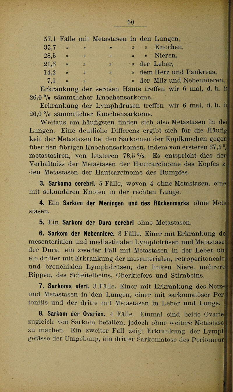57,1 Fälle mit Metastasen in den Lungen, 35,7 » » » » » Knochen, 28,5 » » » » Nieren, 21,3 » » » » der Leber, 14,2 » » » dem Herz und Pankreas, 7,1 » » der Milz und Nebennieren Erkrankung der serösen Häute treffen wir 6 mal, d. h. ix] 26,0 °/o sämmtlicher Knochensarkome. Erkrankung der Lymphdrüsen treffen wir 6 mal, d. h. iij 26,0 % sämmtlicher Knochensarkome. Weitaus am häufigsten finden sich also Metastasen in dei Lungen. Eine deutliche Differenz ergibt sich für die Häufig keit der Metastasen bei den Sarkomen der Kopfknochen gegei über den übrigen Knochensarkomen, indem von ersteren 37,5 °/jj metastasiren, von letzteren 73,5 °/o. Es entspricht dies dei Yerhältniss der Metastasen der Hautcarcinome des Kopfes z j den Metastasen der Hautcarcinome des Rumpfes. 3. Sarkoma cerebri. 5 Fälle, wovon 4 ohne Metastasen, eine mit sekundären Knoten in der rechten Lunge. 4. Ein Sarkom der Meningen und des Rückenmarks ohne Meta] stasen. 5. Ein Sarkom der Dura cerebri ohne Metastasen. 6. Sarkom der Nebenniere. 3 Fälle. Einer mit Erkrankung de] mesenterialen und mediastinalen Lymphdrüsen und Metastase der Dura, ein zweiter Fall mit Metastasen in der Leber un: ein dritter mit Erkrankung der mesenterialen, retroperitonealei; und bronchialen Lymphdrüsen, der linken Niere, mehrere) Rippen, des Scheitelbeins, Oberkiefers und Stirnbeins. 7. Sarkoma uteri. 3 Fälle. Einer mit Erkrankung des Netze]] und Metastasen in den Lungen, einer mit sarkomatöser Per tonitis und der dritte mit Metastasen in Leber und Lunge. 8. Sarkom der Ovarien. 4 Fälle. Einmal sind beide Ovariej zugleich von Sarkom befallen, jedoch ohne weitere Metastase] zu machen. Ein zweiter Fall zeigt Erkrankung der Lympfl gefässe der Umgebung, ein dritter Sarkomatose des PeritoneurJ