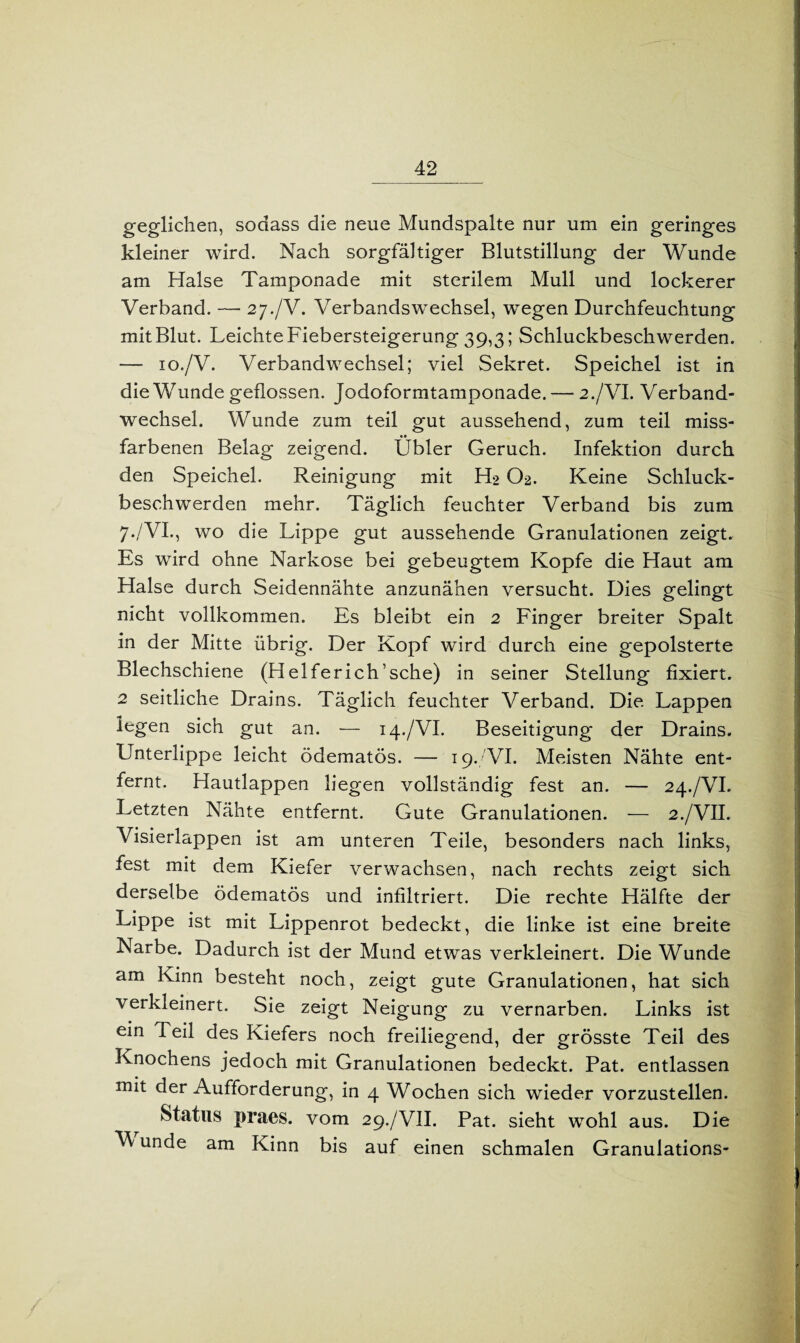 geglichen, sodass die neue Mundspalte nur um ein geringes kleiner wird. Nach sorgfältiger Blutstillung der Wunde am Halse Tamponade mit sterilem Mull und lockerer Verband. — 27./V. Verbandswechsel, wiegen Durchfeuchtung mit Blut. Leichte Fiebersteigerung 39,3; Schluckbeschwerden. — 10./V. Verbandwechsel; viel Sekret. Speichel ist in die Wunde geflossen. Jodoformtamponade.—-2./VI. Verband¬ wechsel. Wunde zum teil gut aussehend, zum teil miss- • • farbenen Belag zeigend. Ubier Geruch. Infektion durch den Speichel. Reinigung mit H2 O2. Keine Schluck¬ beschwerden mehr. Täglich feuchter Verband bis zum 7./VI., wo die Lippe gut aussehende Granulationen zeigt. Es wird ohne Narkose bei gebeugtem Kopfe die Haut am Halse durch Seidennähte anzunähen versucht. Dies gelingt nicht vollkommen. Es bleibt ein 2 Finger breiter Spalt in der Mitte übrig. Der Kopf wird durch eine gepolsterte Blechschiene (Helferich’sche) in seiner Stellung fixiert. 2 seitliche Drains. Täglich feuchter Verband. Die Lappen legen sich gut an. — 14./VI. Beseitigung der Drains. Unterlippe leicht ödematös. — 19. VI. Meisten Nähte ent¬ fernt. Hautlappen liegen vollständig fest an. — 24./VI. Letzten Nähte entfernt. Gute Granulationen. — 2./VII. Visierlappen ist am unteren Teile, besonders nach links, fest mit dem Kiefer verwachsen, nach rechts zeigt sich derselbe ödematös und infiltriert. Die rechte Hälfte der Lippe ist mit Lippenrot bedeckt, die linke ist eine breite Narbe. Dadurch ist der Mund etwas verkleinert. Die Wunde am Kinn besteht noch, zeigt gute Granulationen, hat sich verkleinert. Sie zeigt Neigung zu vernarben. Links ist ein Teil des Kiefers noch freiliegend, der grösste Teil des Knochens jedoch mit Granulationen bedeckt. Pat. entlassen mit der Aufforderung, in 4 Wochen sich wieder vorzustellen. Status praes. vom 29./VII. Pat. sieht wohl aus. Die V unde am Kinn bis auf einen schmalen Granulations-