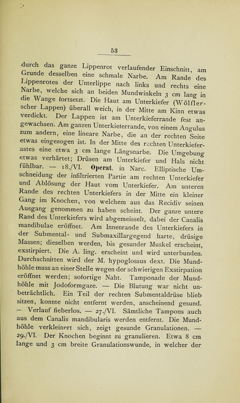 durch das ganze Lippenrot verlaufender Einschnitt, am Grunde desselben eine schmale Narbe. Am Rande des Lippenrotes der Unterlippe nach links und rechts eine Narbe welche sich an beiden Mundwinkeln 3 cm lang in die Wange fortsetzt. Die Haut am Unterkiefer (Wölfler- scher Lappen) überall weich, in der Mitte am Kinn etwas verdickt. Der Lappen ist am Unterkieferrande fest an¬ gewachsen. Am ganzen Unterkieterrande, von einem Angulus zum andern, eine lineare Narbe, die an der rechten Seite etwas eingezogen ist. In der Mitte des rechten Unterkiefer¬ astes eine etwa 3 cm lange Längsnarbe. Die Umgebung etwas verhärtet; Drüsen am Unterkiefer und Hals nicht fühlbar. 18./VI. Operat. in Narc. Elliptische Um¬ schneidung der infiltrierten Partie am rechten Unterkiefer und Ablösung der Haut vom Unterkiefer. Am unteren Rande. des rechten Unterkiefers in der Mitte ein kleiner Gang im Knochen, von welchem aus das Recidiv seinen Ausgang genommen zu haben scheint. Der ganze untere Rand des Unterkiefers wird abgemeisselt, dabei der Canalis mandibulae eröffnet. Am Innenrande des Unterkiefers in der Submental- und Submaxillargegend harte, drüsige Massen; dieselben werden, bis gesunder Muskel erscheint, exstirpiert. Die A. ling. erscheint und wird unterbunden. Durchschnitten wird der M. hypoglossus dext. Die Mund¬ höhle muss an einer Stelle wegen der schwierigen Exstirpation eröffnet werden; sofortige Naht. Tamponade der Mund¬ höhle mit Jodoformgaze. — Die Blutung war nicht un¬ beträchtlich. Ein Teil der rechten Submentaldrüse blieb sitzen, konnte nicht entfernt werden, anscheinend gesund. — Verlauf fieberlos. — 27./VI. Sämtliche Tampons auch aus dem Canalis mandibularis werden entfernt. Die Mund¬ höhle verkleinert sich, zeigt gesunde Granulationen. — 29./VI. Der Knochen beginnt zu granulieren. Etwa 8 cm lange und 3 cm breite Granulationswunde, in welcher der