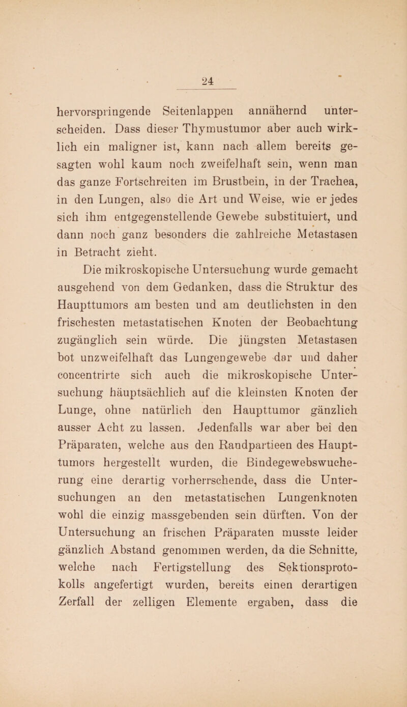 hervorspringende Seitenlappen annähernd unter¬ scheiden. Dass dieser Thymustumor aber auch wirk¬ lich ein maligner ist, kann nach allem bereits ge¬ sagten wohl kaum noch zweifelhaft sein, wenn man das ganze Fortschreiten im Brustbein, in der Trachea, in den Lungen, also die Art und Weise, wie er jedes sich ihm entgegenstellende Gewebe substituiert, und dann noch ganz besonders die zahlreiche Metastasen in Betracht zieht. Die mikroskopische Untersuchung wurde gemacht ausgehend von dem Gedanken, dass die Struktur des Haupttumors am besten und am deutlichsten in den frischesten metastatischen Knoten der Beobachtung zugänglich sein würde. Die jüngsten Metastasen bot unzweifelhaft das Lungengewebe dar und daher concentrirte sich auch die mikroskopische Unter¬ suchung häuptsächlich auf die kleinsten Knoten der Lunge, ohne natürlich den Haupttumor gänzlich ausser Acht zu lassen. Jedenfalls war aber bei den Präparaten, welche aus den Randpartieen des Haupt¬ tumors hergestellt wurden, die Bindegewebswuche¬ rung eine derartig vorherrschende, dass die Unter¬ suchungen an den metastatischen Lungenknoten wohl die einzig massgebenden sein dürften. Von der Untersuchung an frischen Präparaten musste leider gänzlich Abstand genommen werden, da die Schnitte, welche nach Fertigstellung des Sektionsproto¬ kolls angefertigt wurden, bereits einen derartigen Zerfall der zelligen Elemente ergaben, dass die