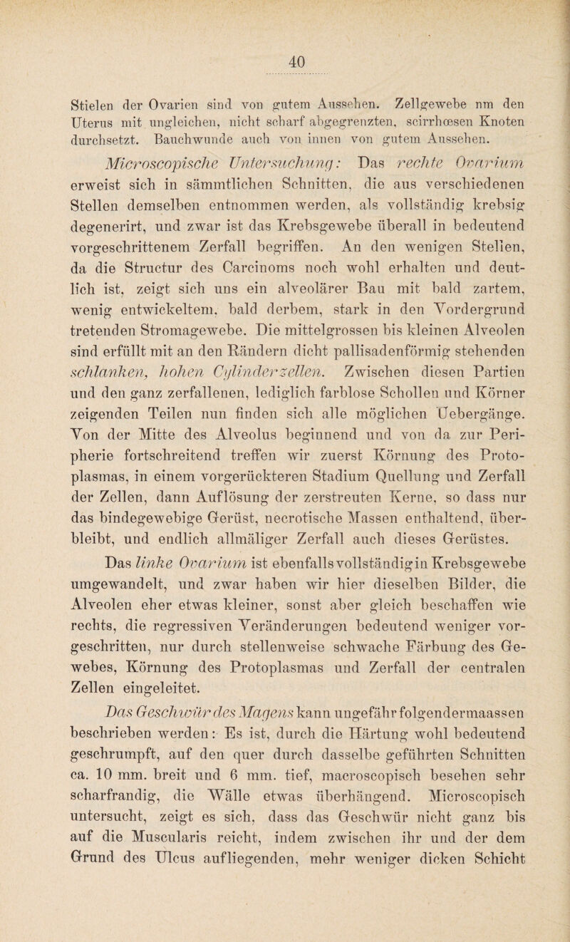 Stielen der Ovarien sind von filtern Aussehen. Zellgewebe nra den Uterus mit ungleichen, nicht scharf abgegrenzten, scirrhoesen Knoten durchsetzt. Bauchwunde auch von innen von gutem Aussehen. Microscopische Untersuchung: Das rechte Ovarium erweist sich in sämmtlichen Schnitten, die aus verschiedenen Stellen demselben entnommen werden, als vollständig krebsig degenerirt, und zwar ist das Krebsgewebe überall in bedeutend vorgeschrittenem Zerfall begriffen. An den wenigen Stellen, da die Structur des Carcinoms noch wohl erhalten und deut¬ lich ist, zeigt sich uns ein alveolärer Bau mit bald zartem, wenig entwickeltem, bald derbem, stark in den Vordergrund tretenden Stromagewebe. Die mittelgrossen bis kleinen Alveolen sind erfüllt mit an den Bändern dicht pallisadenförmig stehenden schlanken, hohen Cylinderzellen. Zwischen diesen Partien und den ganz zerfallenen, lediglich farblose Schollen und Körner zeigenden Teilen nun finden sich alle möglichen Uebergänge. Von der Mitte des Alveolus beginnend und von da zur Peri¬ pherie fortschreitend treffen wir zuerst Körnung des Proto¬ plasmas, in einem vorgerückteren Stadium Quellung und Zerfall der Zellen, dann Auflösung der zerstreuten Kerne, so dass nur das bindegewebige Gerüst, necrotische Massen enthaltend, über¬ bleibt, und endlich allmäliger Zerfall auch dieses Gerüstes. Das linke Ovarium ist ebenfalls vollständig in Krebsgewebe umgewandelt, und zwar haben wir hier dieselben Bilder, die Alveolen eher etwas kleiner, sonst aber gleich beschaffen wie rechts, die regressiven Veränderungen bedeutend weniger vor¬ geschritten, nur durch stellenweise schwache Färbung des Ge¬ webes, Körnung des Protoplasmas und Zerfall der centralen Zellen eingeleitet. Bas Geschwür des Magens kann ungefähr folgendermaassen beschrieben werden: Es ist, durch die Härtung wohl bedeutend geschrumpft, auf den quer durch dasselbe geführten Schnitten ca. 10 mm. breit und 6 mm. tief, macroscopisch besehen sehr scharfrandig, die Wälle etwas überhängend. Microscopisch untersucht, zeigt es sich, dass das Geschwür nicht ganz bis auf die Muscularis reicht, indem zwischen ihr und der dem Grund des Ulcus aufliegenden, mehr weniger dicken Schicht