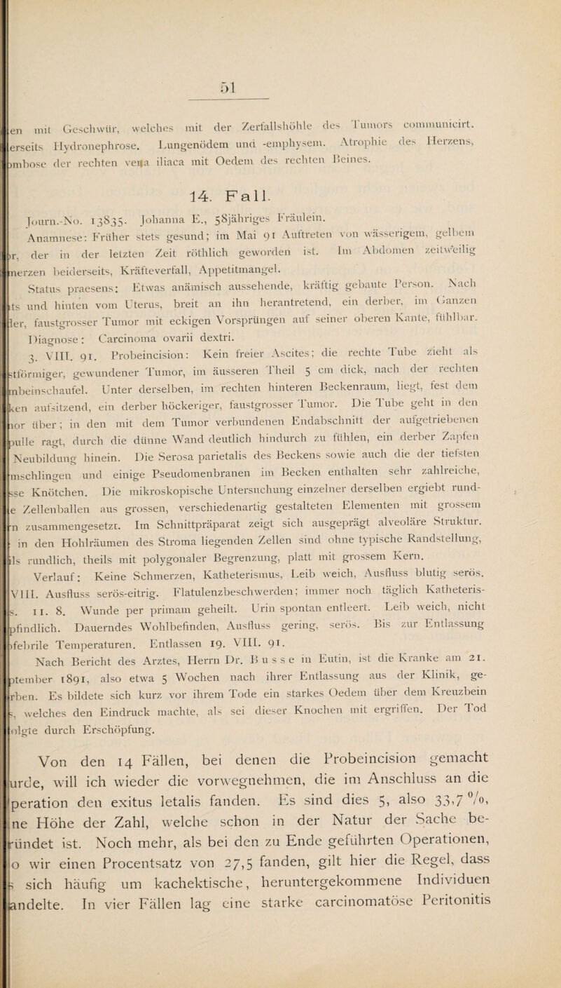 en mit Geschwür, welches mit der Zerfallshöhle des Tumors communicirt. erseits Hydronephrose. Lungenödem und -emphysem. Atrophie des Heizens, mihose der rechten veua iliaca mit Oeclem des rechten Heines. 14. Fall. Journ.-No. 13835. Johanna E., 58jähriges fräulein. Anamnese: Früher stets gesund; im Mai 91 Auftreten von wässerigem, gelbem Ir. der in der letzten Zeit röthlich geworden ist. Im Abdomen zeitweilig merzen beiderseits, Kräfteverfall, Appetitmangel. Status praesens: Etwas anämisch aussehende, kräftig gebaute Person. Nach ,ts und hinten vom Uterus, breit an ihn herantretend, ein derber, im Ganzen ler, faustgrosser Tumor mit eckigen Vorsprüngen auf seiner oberen kante, fühlbar. Diagnose: Carcinoma ovarii dextri. 2 VIII. 91. Probeincision: Kein freier Ascites; die rechte l ube zieht als stförmiger, gewundener Tumor, im äusseren 1 heil 5 cm dick, nach der rechten mbeinschaufel. Unter derselben, im rechten hinteren Beckenraum, liegt, fest dem ken aufsitzend, ein derber höckeriger, faustgrosser lumor. Die lube geht in den Ior über; in den mit dem Tumor verbundenen Endabschnitt der aufgetriebenen »ulle ragt, durch die dünne Wand deutlich hindurch zu fühlen, ein derber Zapfen Neubildung hinein. Die Serosa parietalis des Beckens sowie auch die der tiefsten n^chlino-en und einige Pseudomenbranen im Becken enthalten sehr zahlreiche, se Knötchen. Die mikroskopische Untersuchung einzelner derselben ergiebt rund- i Zellenballen aus grossen, verschiedenartig gestalteten Elementen mit grossem n zusammengesetzt. Im Schnittpräparat zeigt sich ausgeprägt alveoläre Struktur, in den Hohlräumen des Stroma liegenden Zellen sind ohne typische Randstellung, Is rundlich, theils mit polygonaler Begrenzung, platt mit grossem Kern. Verlauf: Keine Schmerzen, Katheterismus, Leib weich, Ausfluss blutig serös. VIII. Ausfluss serös-eitrig. Flatulenzbeschwerden; immer noch täglich Katheteris- s. 11. 8. Wunde per primam geheilt. Urin spontan entleert. Leib weich, nicht lofindlich. Dauerndes Wohlbefinden, Ausfluss gering, serös. Bis zur Entlassung f febrile Temperaturen. Entlassen 19. VIII. 91. Nach Bericht des Arztes, Herrn Dr. Busse in Eutin, ist die Kranke am 21. jjtember 1891, also etwa 5 Wochen nach ihrer Entlassung aus der Klinik, ge¬ rben. Es bildete sich kurz vor ihrem Tode ein starkes Oedem über dem Kreuzbein ?. welches den Eindruck machte, als sei dieser Knochen mit ergriffen. Der Tod olgte durch Erschöpfung. Von den 14 Fällen, bei denen die Probeincision gemacht urde, will ich wieder die vorwegnehmen, die im Anschluss an die fperation den exitus letalis fanden. Es sind dies also 33>70/°’ ne Höhe der Zahl, welche schon in der Natur der Sache be- ründet ist. Noch mehr, als bei den zu Ende geführten Operationen, o wir einen Procentsatz von 27,5 fanden, gilt hier die Regel, dass ^ sich häufig um kachektische, heruntergekommene Individuen jandeite. In vier Fällen lag eine starke carcinomatöse Peiitonitis