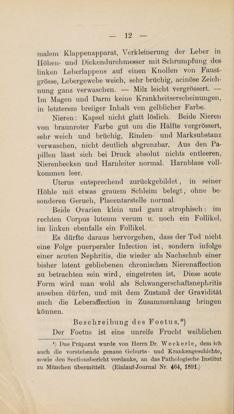 malern Klappenapparat, Verkleinerung der Leber in Höhen- und Dickendurchmesser mit Schrumpfung des linken Leberlappens auf einen Knollen von Faust¬ grösse, Lebergewebe weich, sehr brüchig, acinöse Zeich¬ nung ganz verwaschen. — Milz leicht vergrössert. — Im Magen und Darm keine Krankheitserscheinungen, in letzterem breiiger Inhalt von gelblicher Farbe. Nieren: Kapsel nicht glatt löslich. Beide Nieren von braunroter Farbe gut um die Hälfte vergrössert, sehr weich und brüchig, Binden- und Marksubstanz verwaschen, nicht deutlich abgrenzbar. Aus den Pa¬ pillen lässt sich bei Druck absolut nichts entleeren, Nierenbecken und Harnleiter normal. Harnblase voll¬ kommen leer. Uterus entsprechend zurückgebildet, in seiner Höhle mit etwas grauem Schleim belegt, ohne be¬ sonderen Geruch, Placentarstelle normal Beide Ovarien klein und ganz atrophisch: im rechten Corpus luteum verum u. noch ein Follikel, im linken ebenfalls ein Follikel. Es dürfte daraus hervorgehen, dass der Tod nicht eine Folge puerperaler Infeetion ist, sondern infolge einer acuten Nephritis, die wieder als Nachschub einer bisher latent gebliebenen chronischen Nierenaffection zu betrachten sein wird, eingetreten ist. Diese acute Form wird man wohl als Schwangerschaftsnephritis ansehen dürfen, und mit dem Zustand der Gravidität auch die Leberaffection in Zusammenhang bringen können. Beschreibung des Foetus.*) Der Foetus ist eine unreife Frucht weiblichen *) Das Präparat wurde von Herrn Dr. Weckerle, dem ich auch die vorstehende genaue Geburts- und Krankengeschichte, sowie den Sectionsbericht verdanke, an das Pathologische Institut zu München übermittelt. (Einlauf-Journal Nr. 464, 1891.)