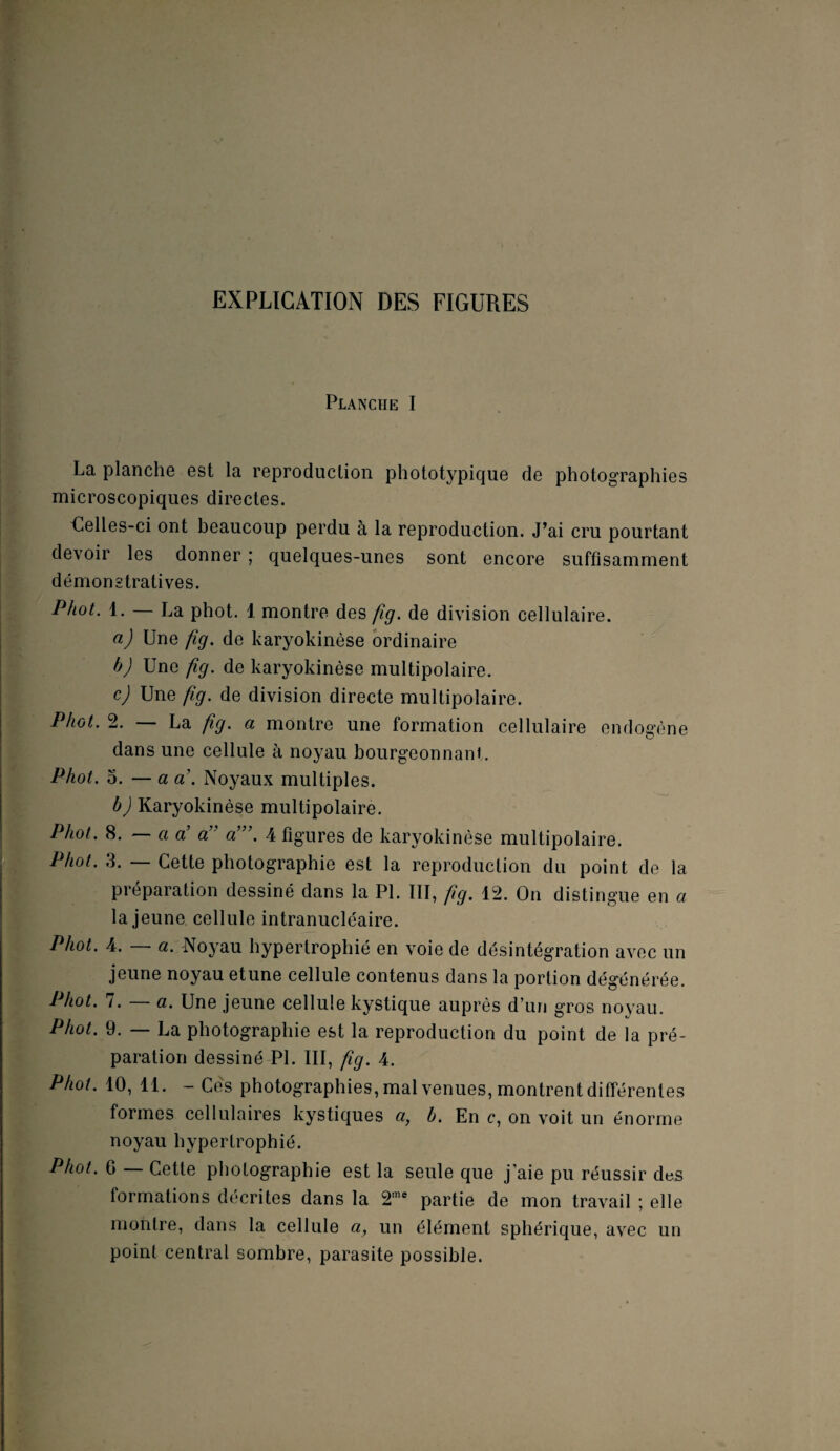 EXPLICATION DES FIGURES Planche I La planche est la reproduction phototypique de photographies microscopiques directes. Lelles-ci ont beaucoup perdu à la reproduction. J’ai cru pourtant devoir les donner ; quelques-unes sont encore suffisamment démonstratives. Phot. 1. — La phot. 1 montre des fig. de division cellulaire. a) Une fig. de karyokinèse ordinaire b) Une fig. de karyokinèse multipolaire. c) Une fig. de division directe multipolaire. Phot, 2. — La fig. a montre une formation cellulaire endogène dans une cellule à noyau bourgeonnanU Phot. O. — a a’. Noyaux multiples. b) Karyokinèse multipolaire. Phot. 8. — a a’ a’' a’”. 4 figures de karyokinèse multipolaire. Phot. 3. — Cette photographie est la reproduction du point de la préparation dessiné dans la PL III, fig. 12. On distingue en a la jeune cellule intranucléaire. Phot. 4. a. Noyau hypertrophié en voie de désintégration avec un jeune noyau etune cellule contenus dans la portion dégénérée. I hot. i. a. Une jeune cellule kystique auprès d’un gros noyau. Phot. 9. — La photographie est la reproduction du point de la pré¬ paration dessiné PL III, fig. 4. Phot. 10, 11. - Cés photographies, mal venues, montrent différentes formes cellulaires kystiques a, b. En c, on voit un énorme noyau hypertrophié. Phot. 6 — Cette photographie est la seule que j'aie pu réussir dt^s formations décrites dans la 2’* partie de mon travail ; elle montre, dans la cellule a, un élément sphérique, avec un point centrai sombre, parasite possible.